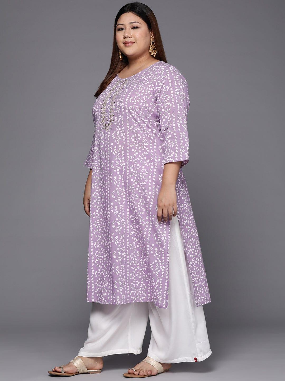 Varanga Women Plus Size Lavender & White Bandhani Printed Gotta Patti Kurta - Indiakreations