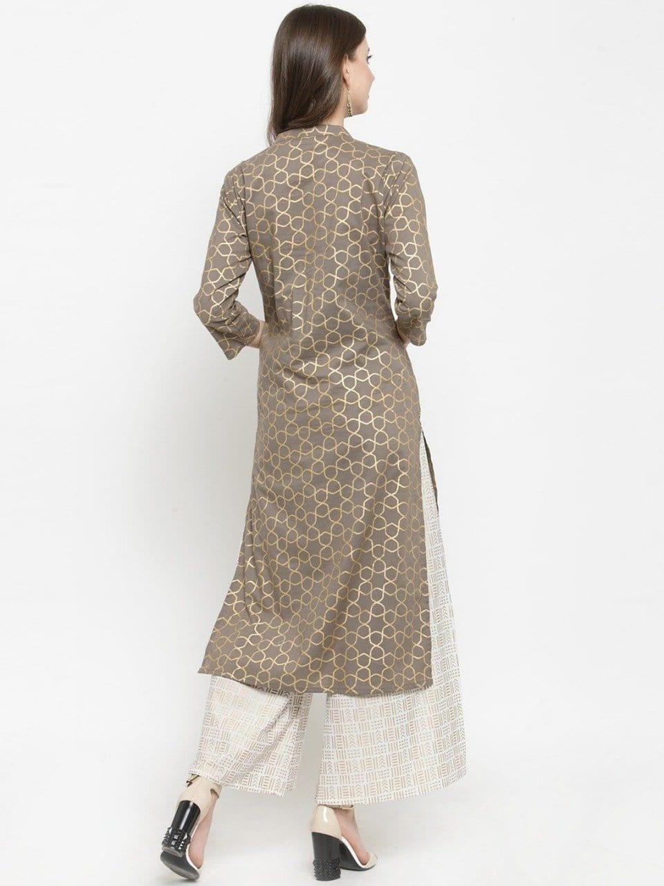 KSUT Women Grey & Beige Printed Kurta with Palazzos - Indiakreations