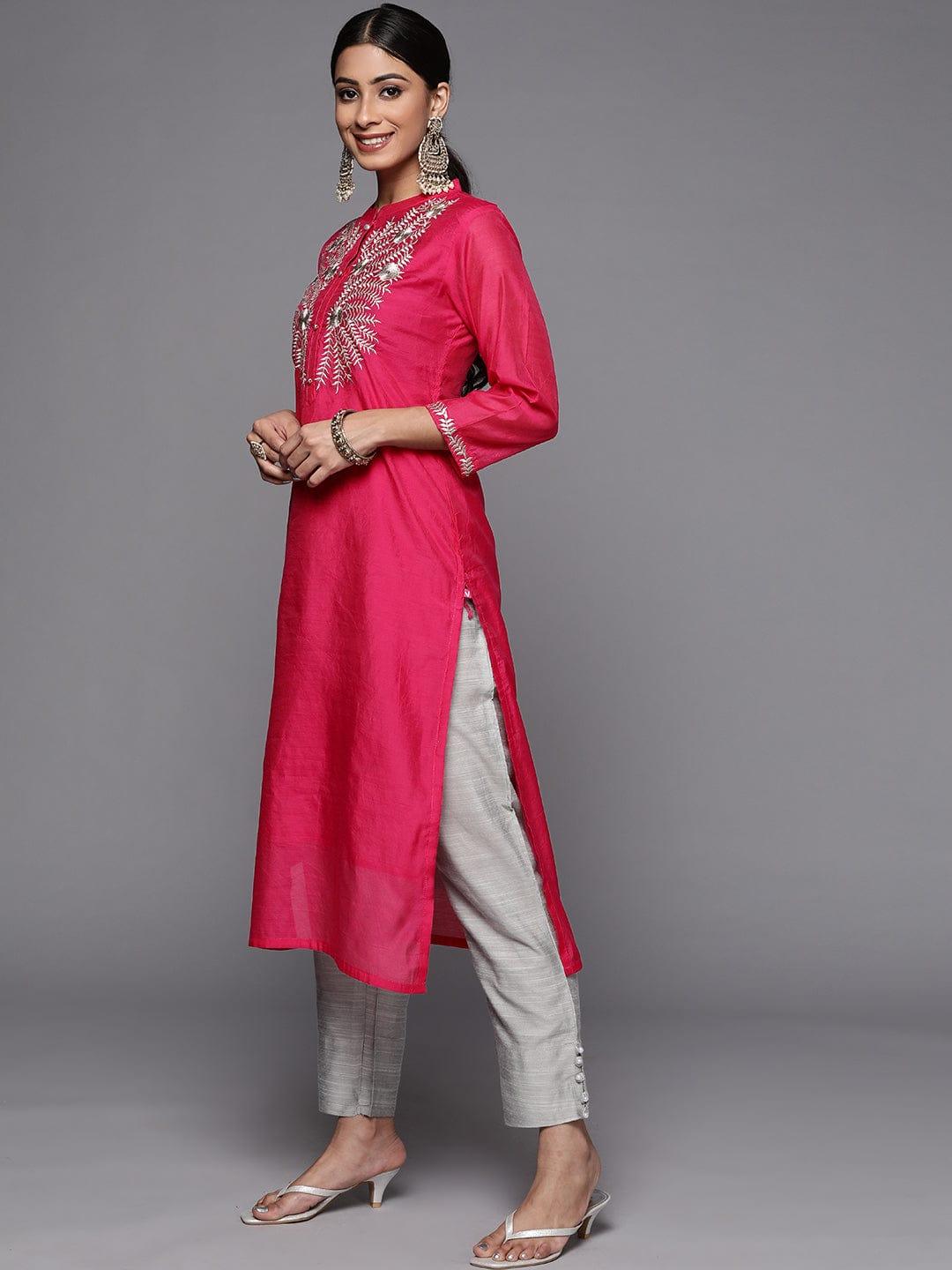 Varanga Women Pink Embroidered Empire Chanderi Silk Kurta with Trousers - Indiakreations