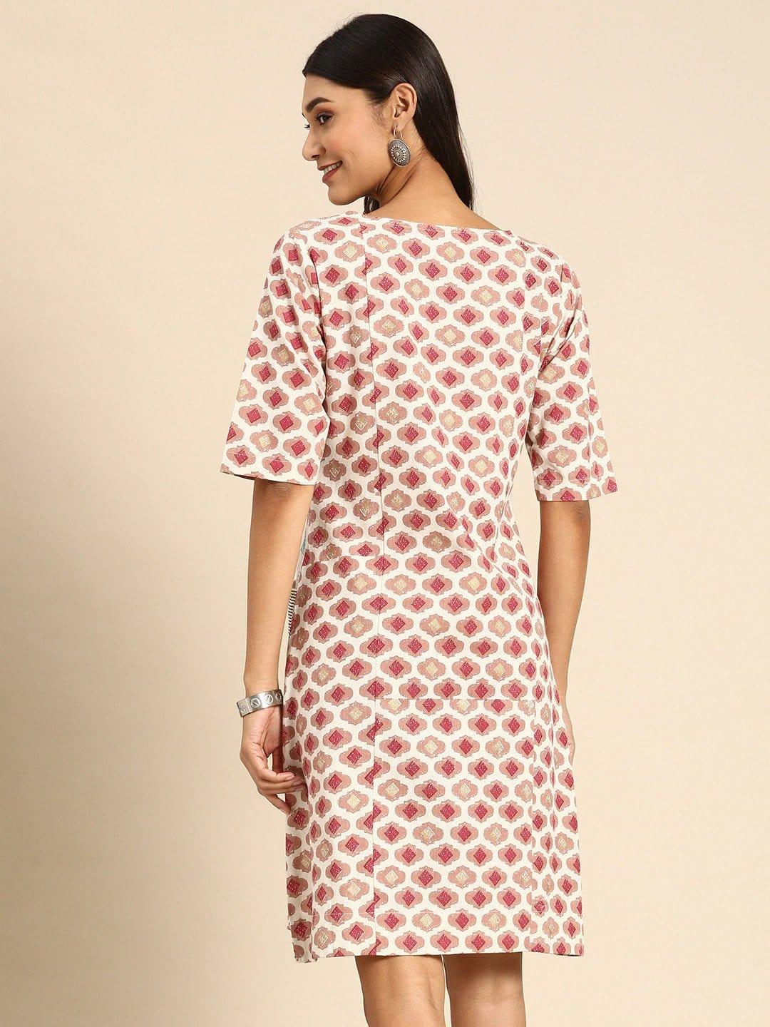 White & Pink Printed A-Line Panelled Dress with Pockets - Indiakreations