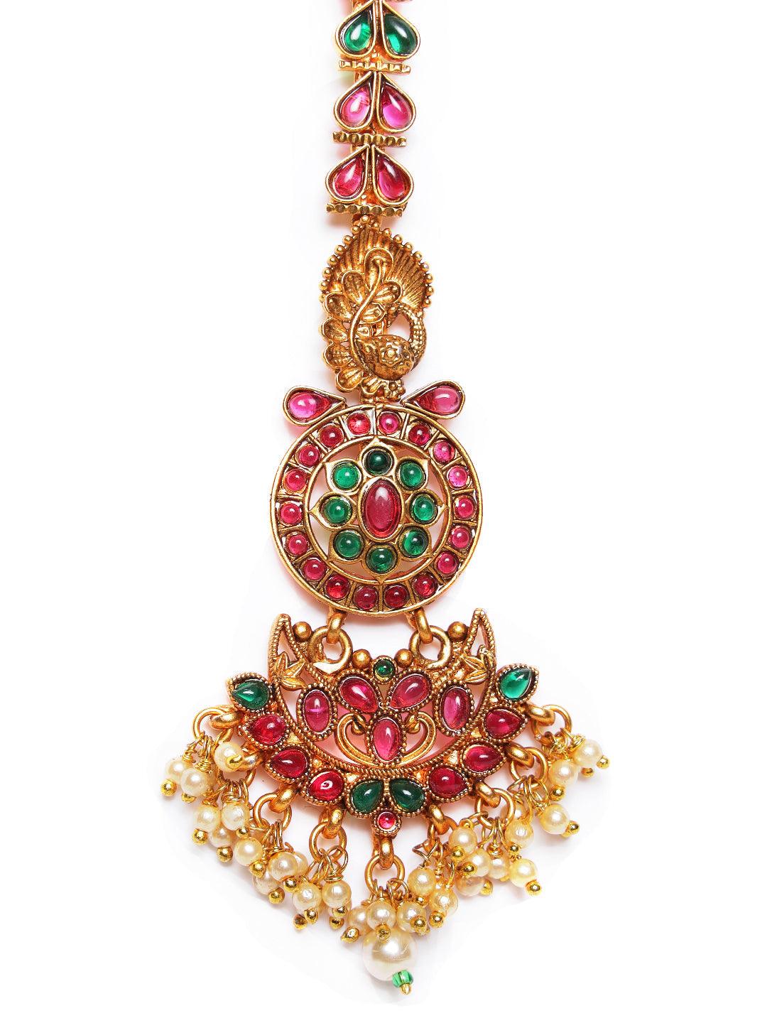 Women's Gold Plated Red & Green Kemp Studded & Pearl Beaded Peacock Maangtikka - Jazz and Sizzle - Indiakreations