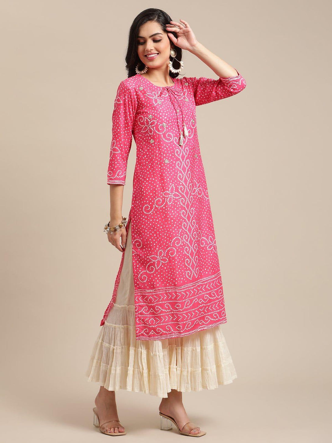 Pink Silk Bandhej Printed Gota Patti Embellished Kurta - Indiakreations