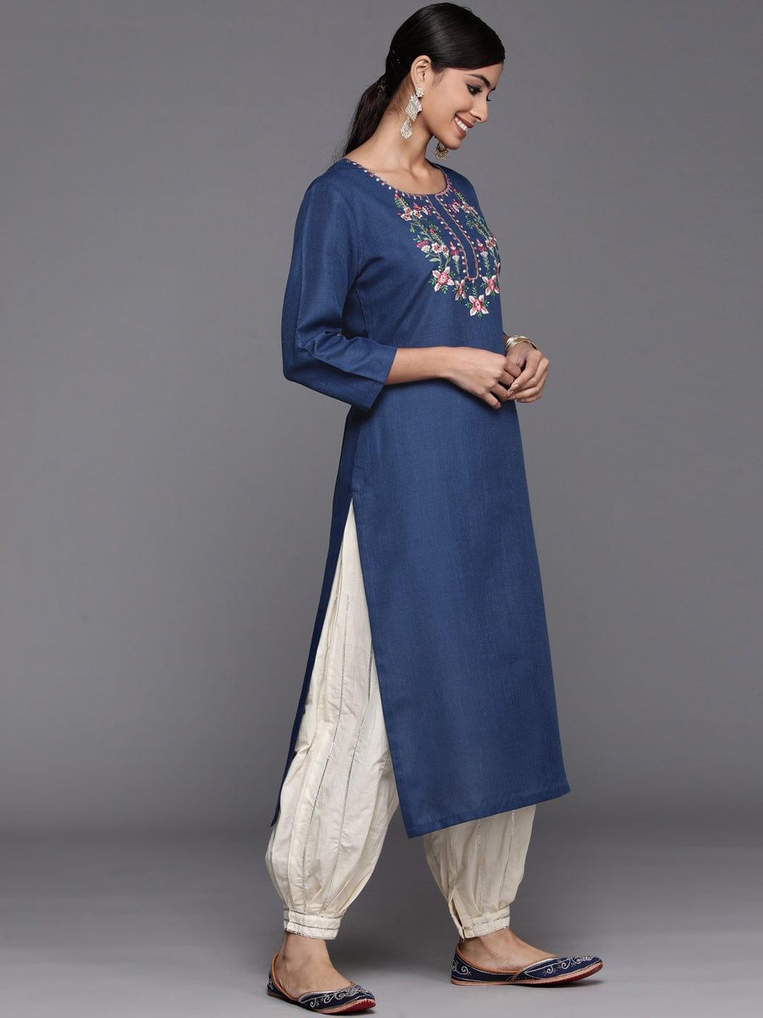 Varanga Women Navy Blue Floral Yoke Design Thread Work Floral Cotton Kurta - Indiakreations