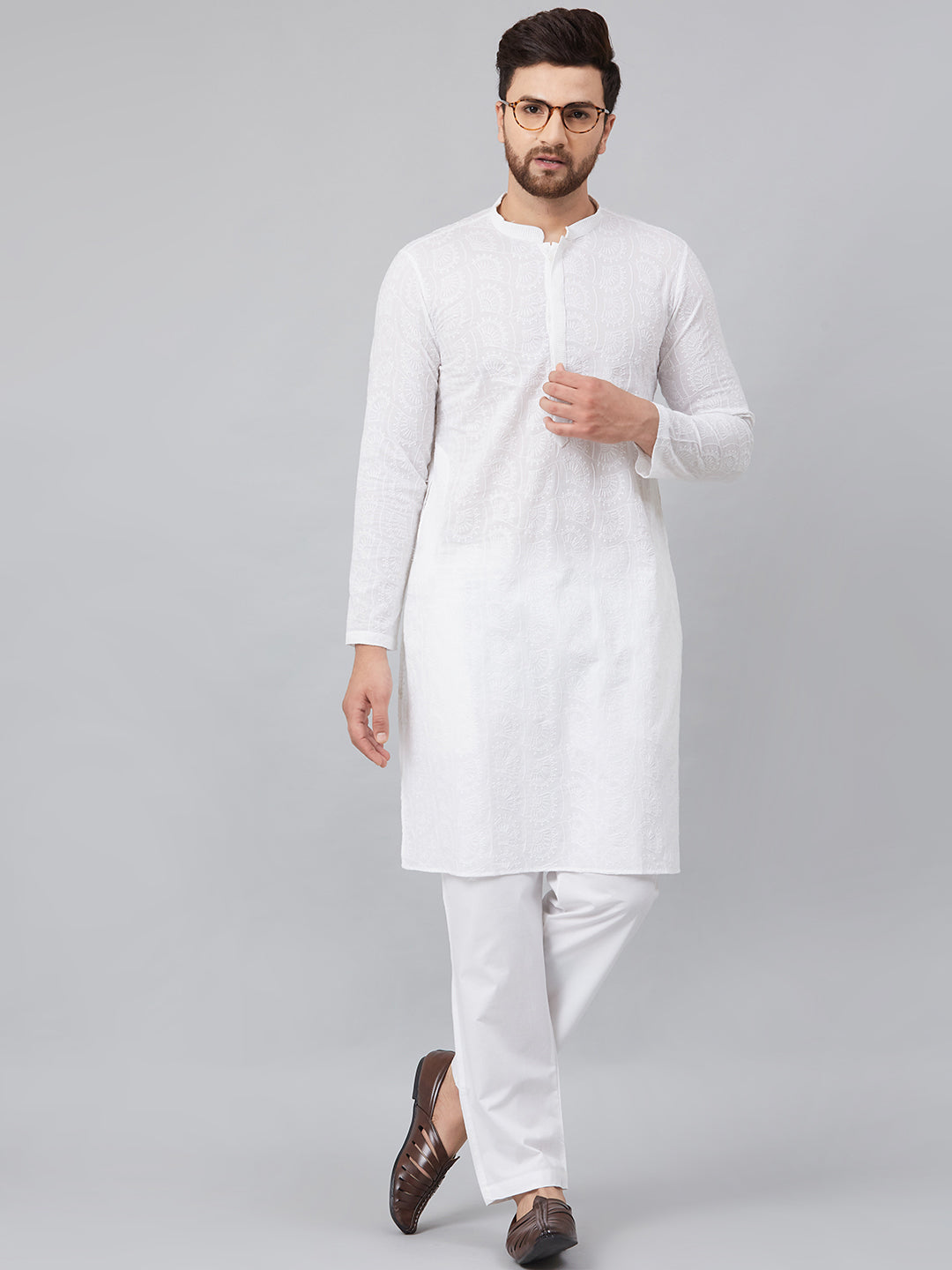 Men's White Green Chikankari Embroidered Woven Design Straight Kurta - See Designs