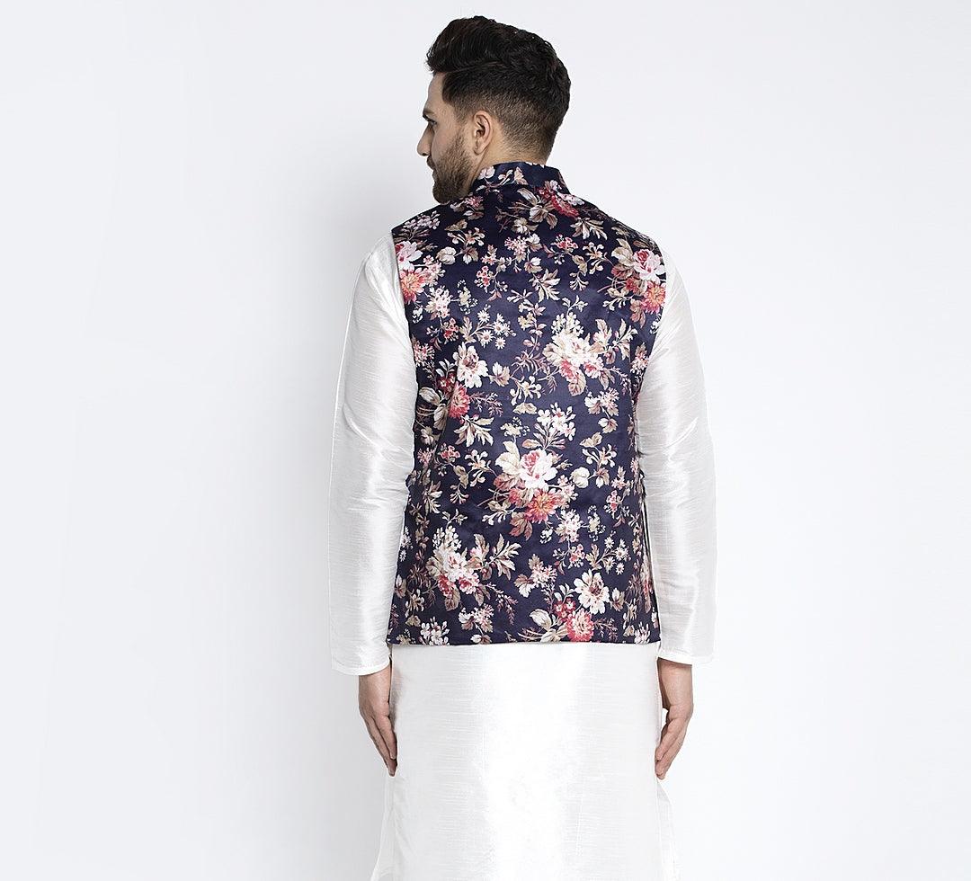 Men's Navy Blue & Multi Printed Nehru Jacket - Benstoke - Indiakreations