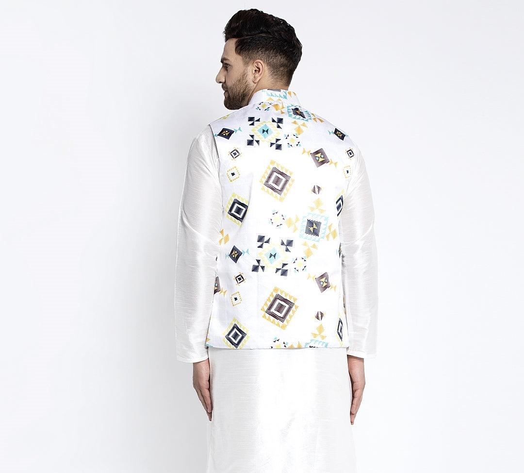 Men's White & Multi Printed Nehru Jacket - Benstoke - Indiakreations