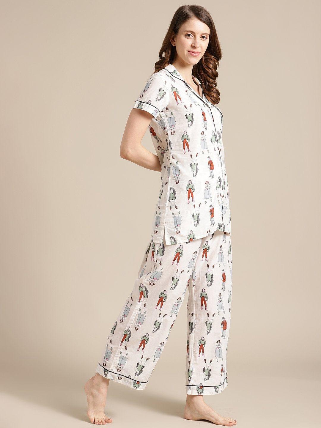 Off White Quirky Printed Launge Wear Set - Indiakreations