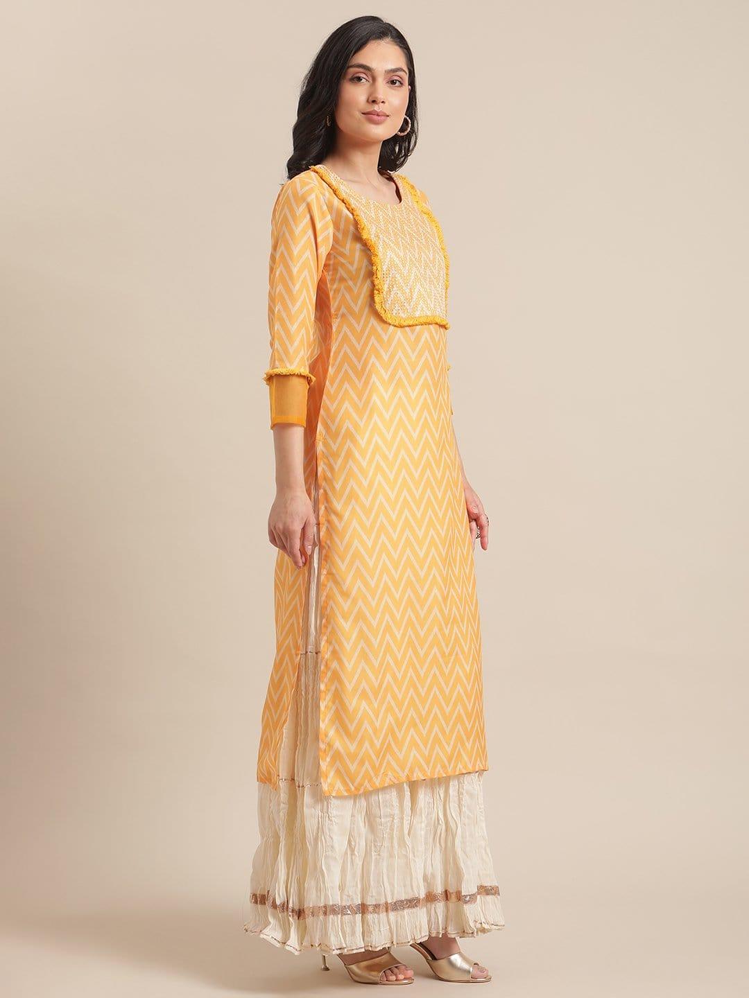 Yellow And White Digital Printed Straight Kurta With Zari Highlighted Yoke And 3/4Th Sleeves - Indiakreations