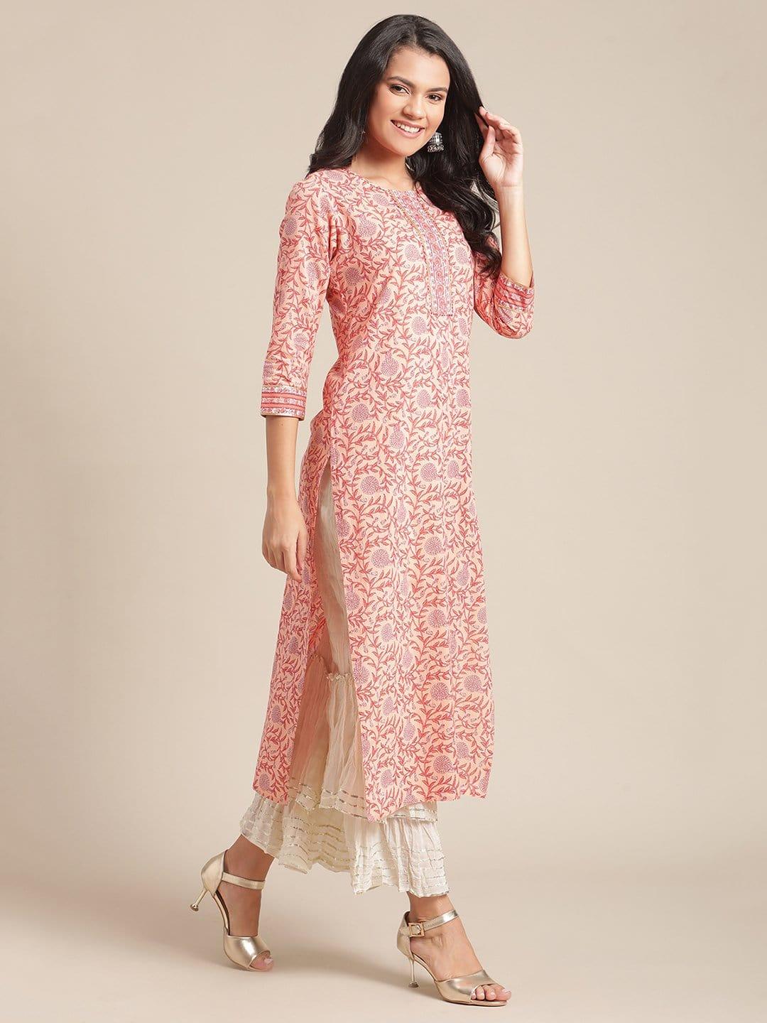 Peach floral cotton printed kurta with handwork detailing on the yoke - Indiakreations