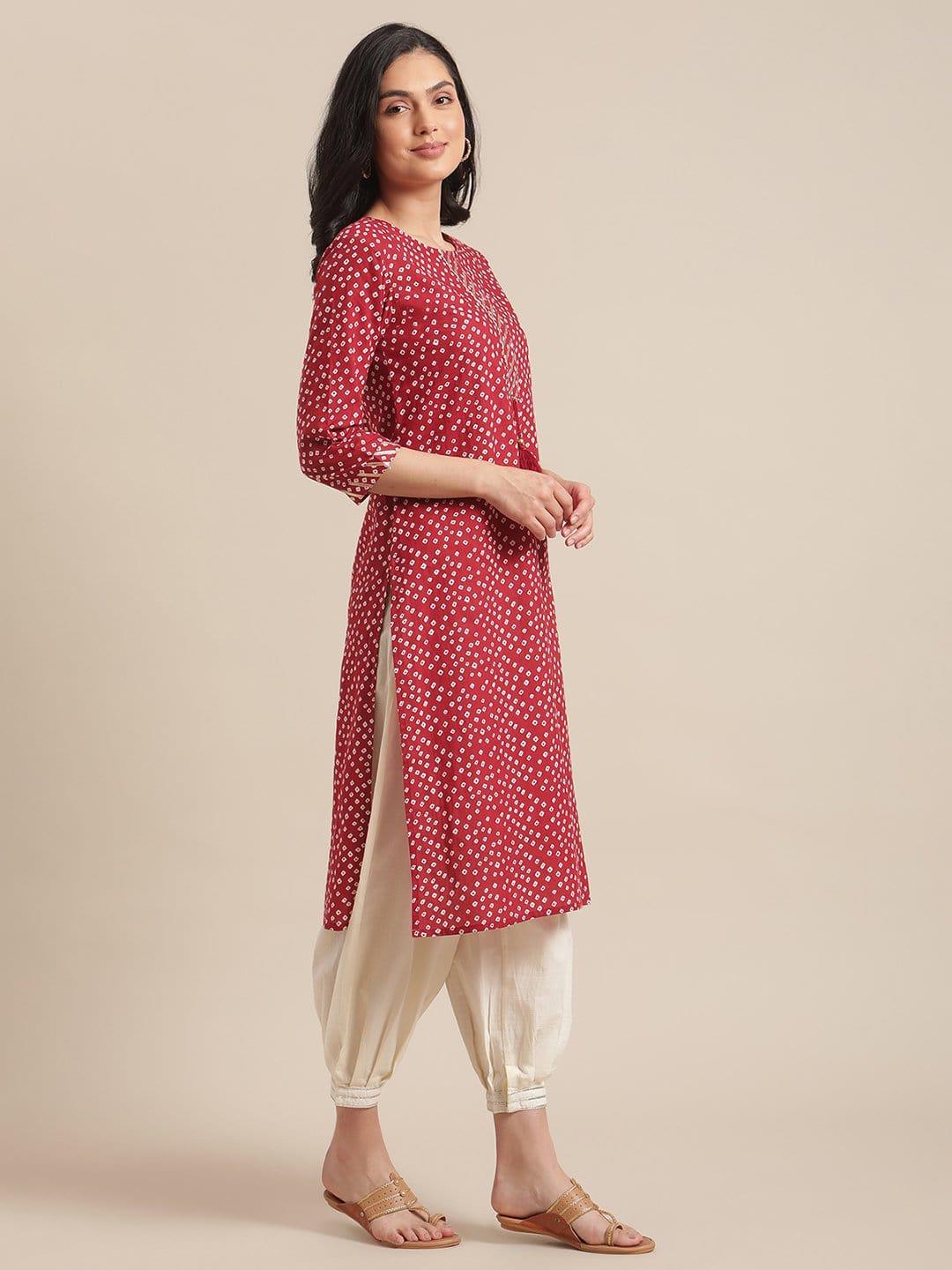 Red Bandhej Kurta With Gota Embellished Placket And 3/4Th Sleeves - Indiakreations