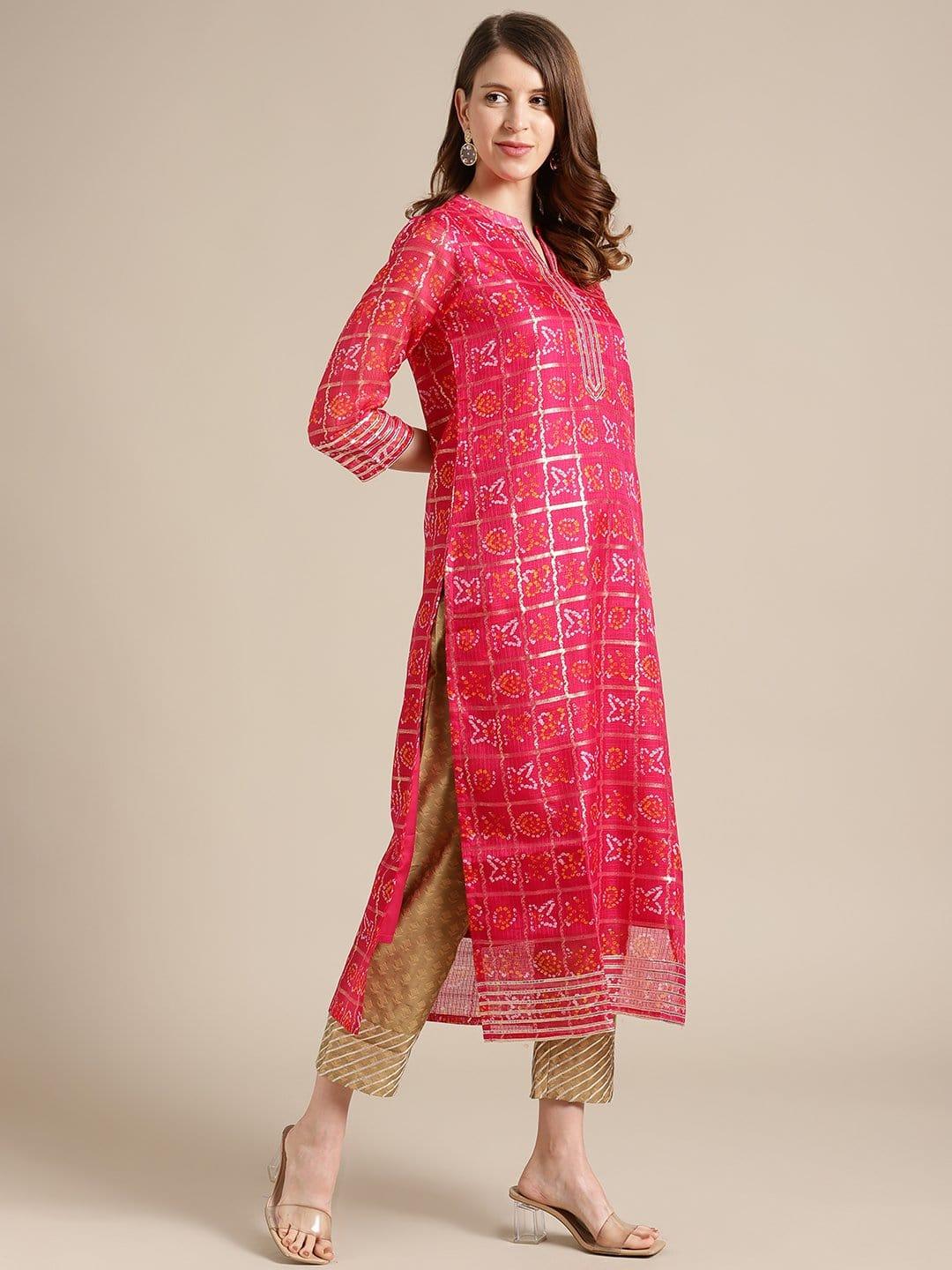 Pink And Gold Bandhej Kurta With Gota Embellishment On Yoke And Sleeves - Indiakreations