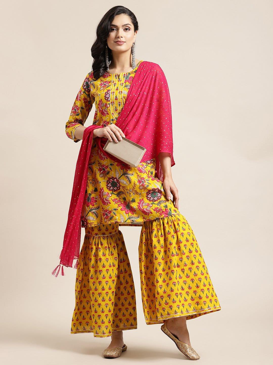 Yellow And Pink Floral Printed Round Neckline Kurta Having Gota Work On Yoke Nad Paired With Sharara And Contrast Pink Dupatta - Indiakreations