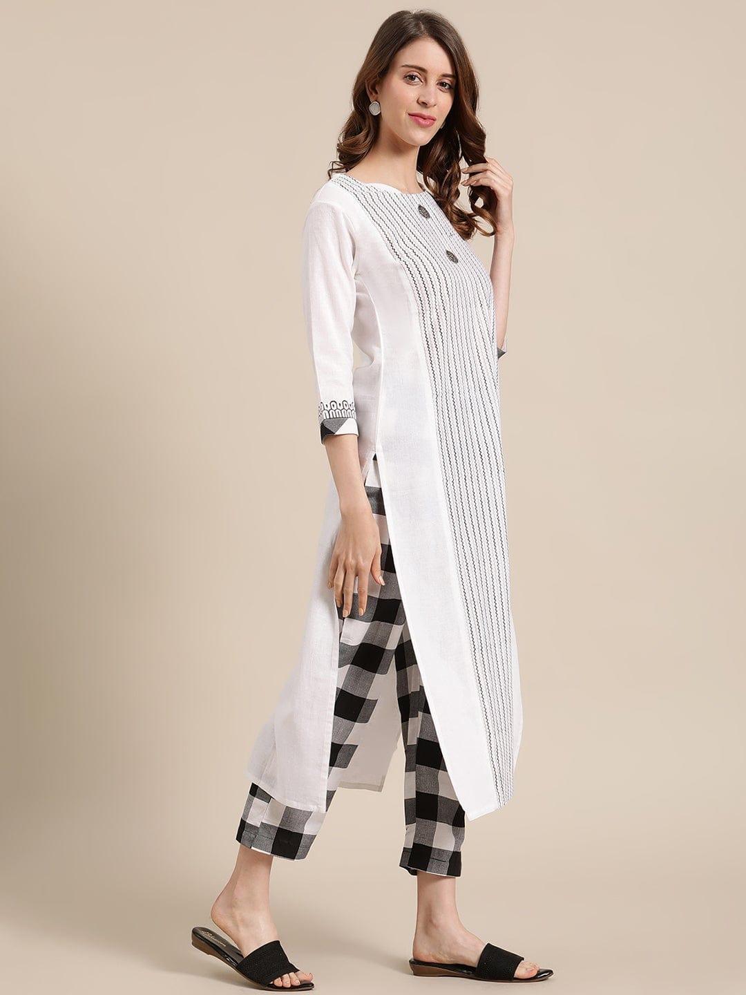 KSUT Off White & Black Striped Panelled Straight Kurta with Trousers - Indiakreations