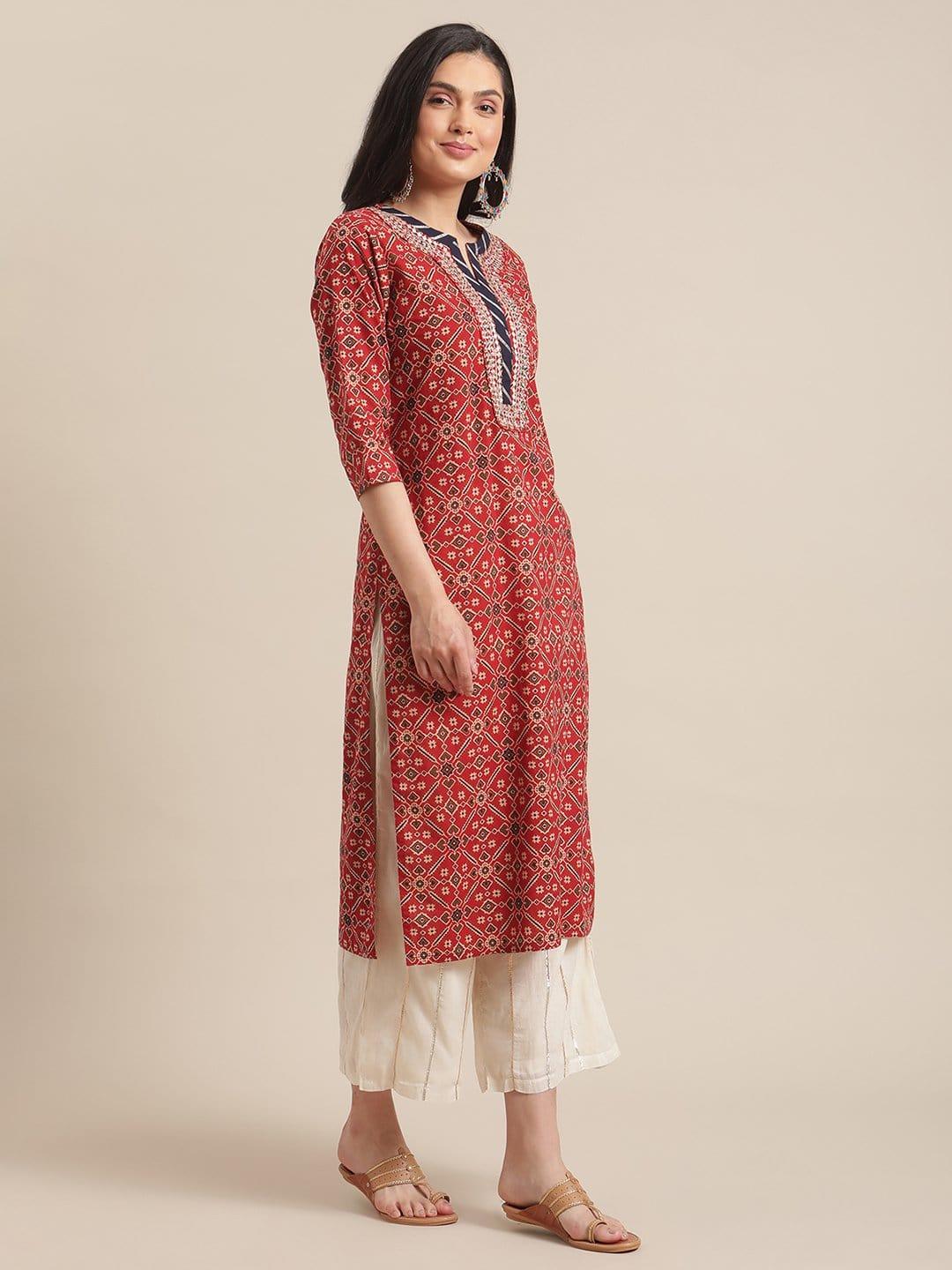 Maroon And Beige Abstract Printed Kurta With Gota Embellished Yoke And 3/4Th Sleeves - Indiakreations