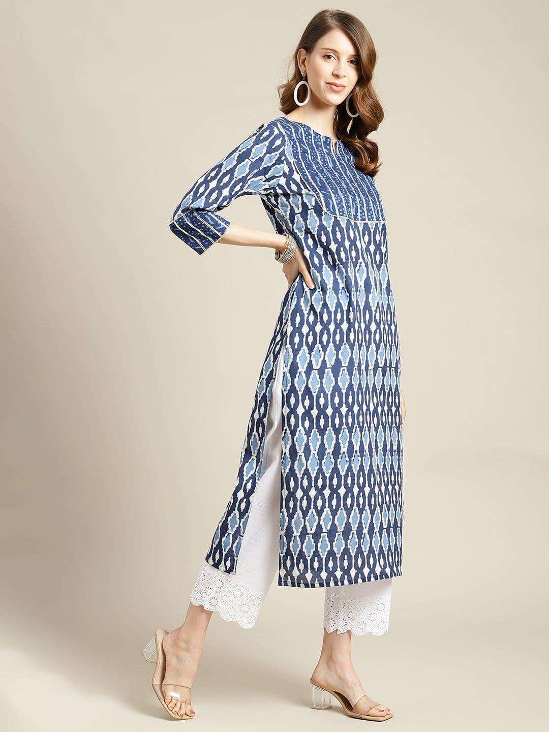 Blue And White Indigo Straight Kurta With Highlighted Yoke And Having Round Neck And 3/4Th Sleeves - Indiakreations