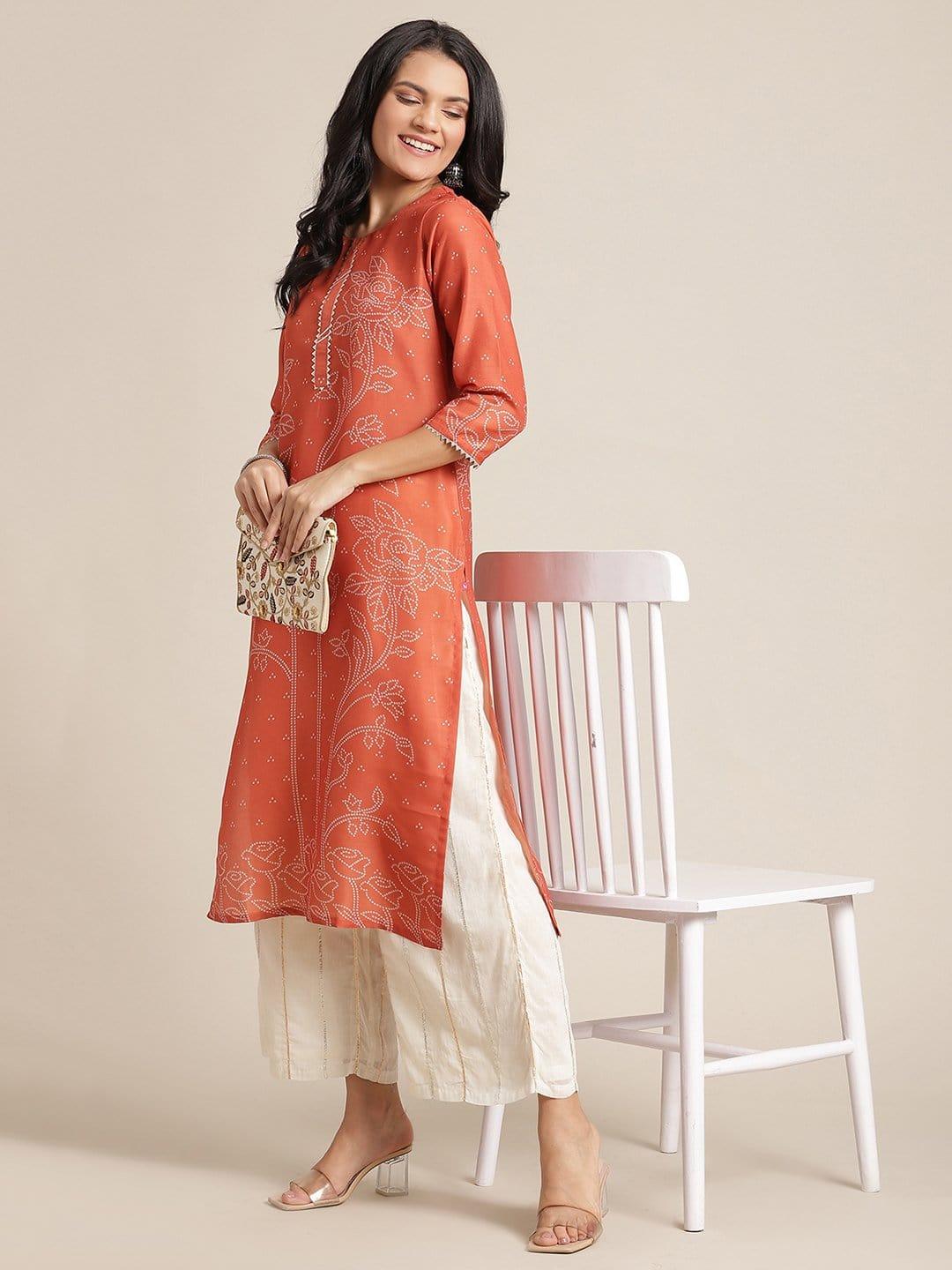 Orange And Off White Bandhani Print Kurta With Gota Embellishment On Yoke And Sleeves - Indiakreations