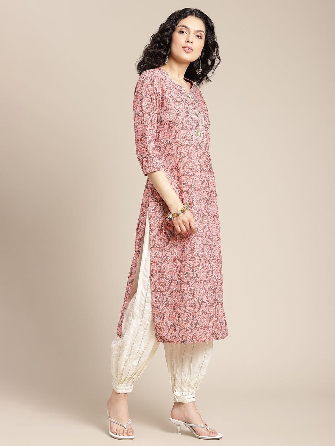 Peach And Grey Floral Printed Kurta With Round Neckline And Having Gota Work - Indiakreations