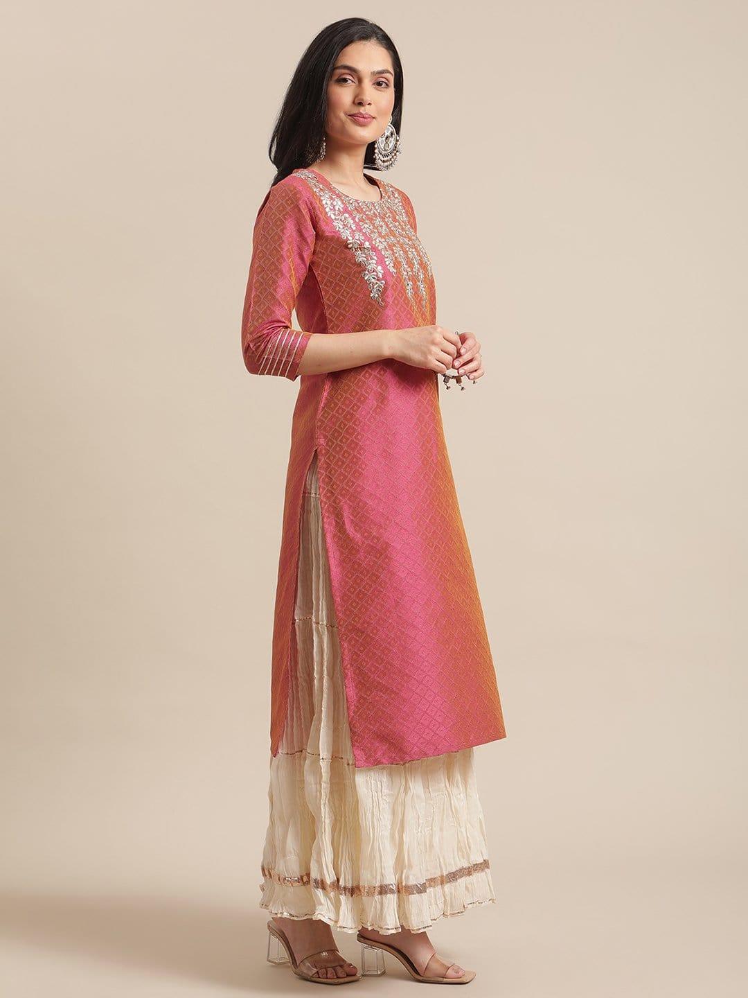 Coral Gota Patti Kurta With Gota Embellishmant On Sleeves - Indiakreations