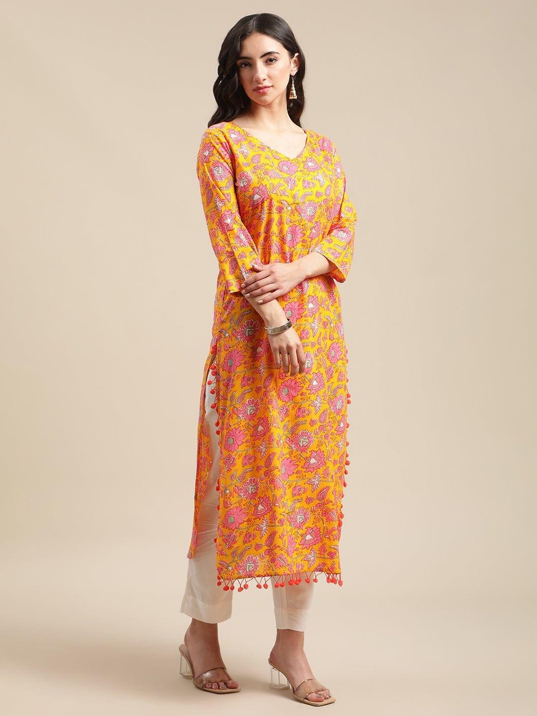 Mustard Floral Printed Kurta With Pom Pom Lace Embellishments On Hemlines - Indiakreations