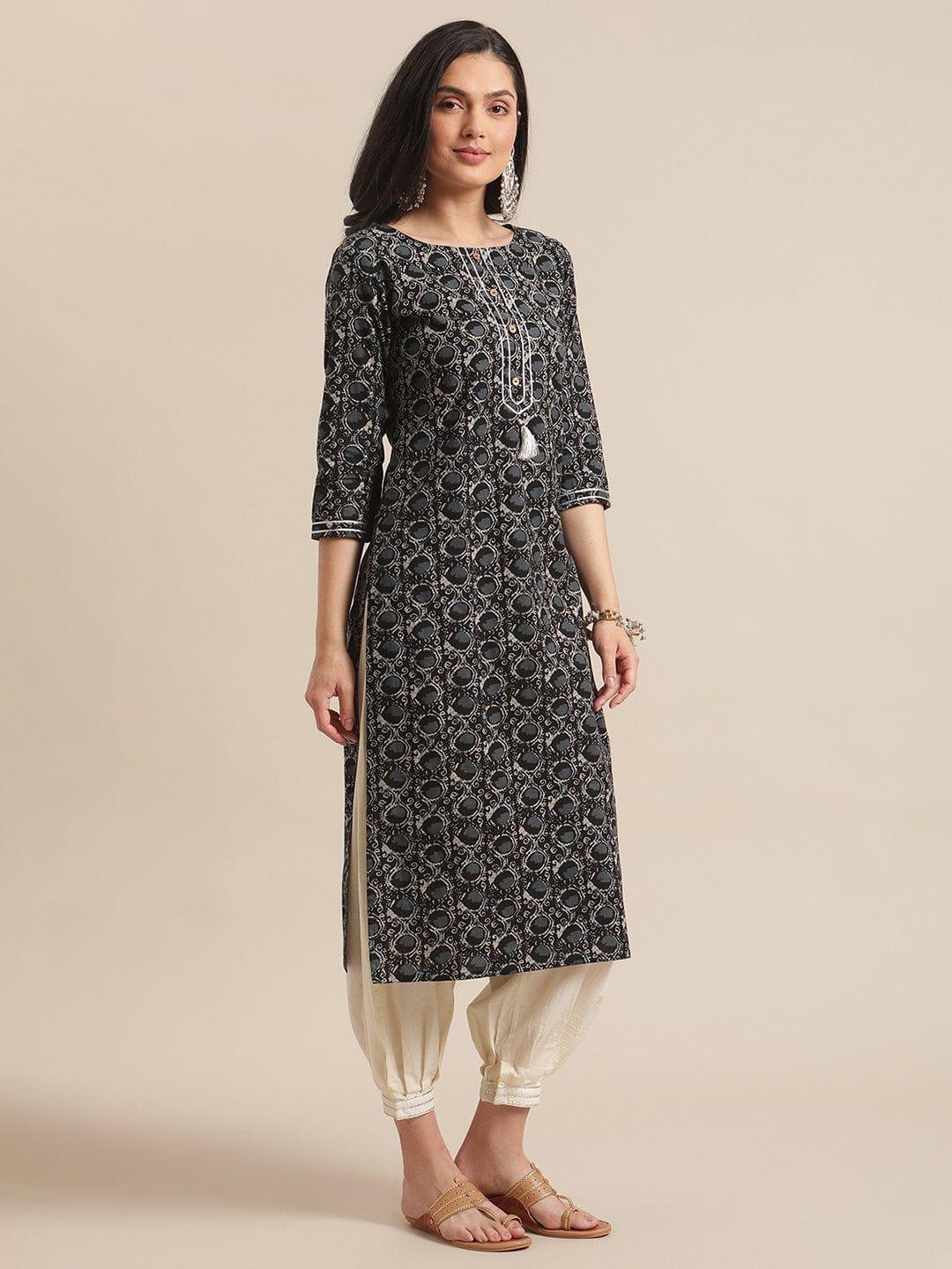 Black And Beige Abstract Printed Kurta With Gota Embellishment On Yoke - Indiakreations