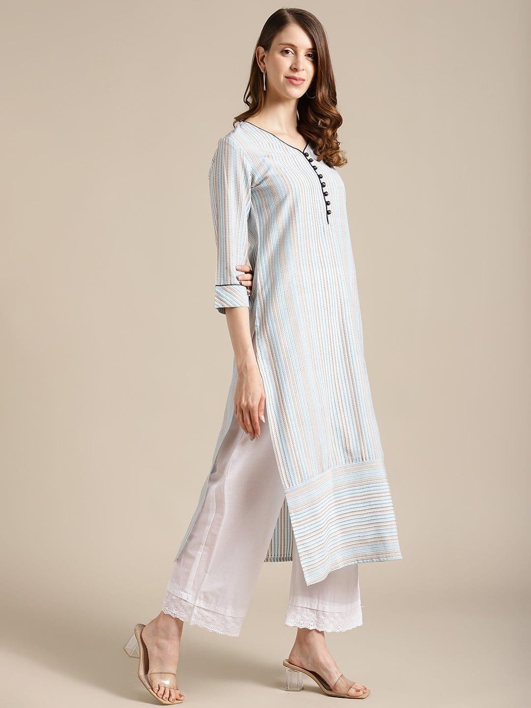 KSUT Blue And Off White Stripe Woven Kurta With Cord Pipen Detailing On Yoke And Sleeves - Indiakreations