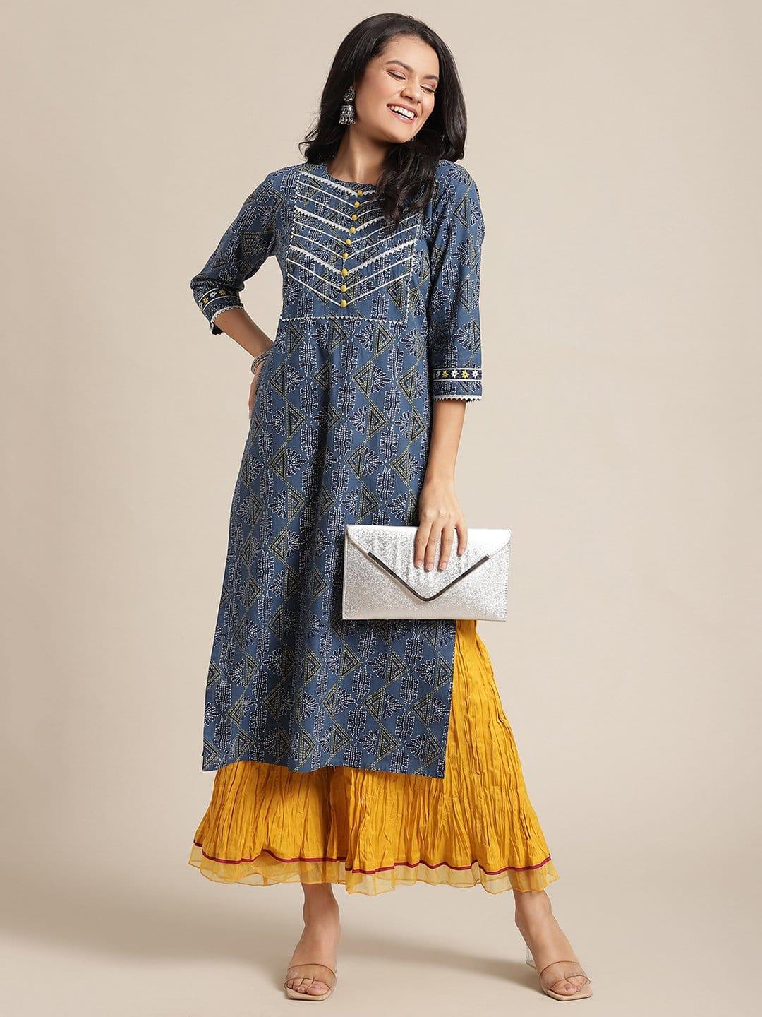 Navy Blue Printed Gota Embellished Kurta With Mustard Crushed Organza Embellished Palazzo - Indiakreations