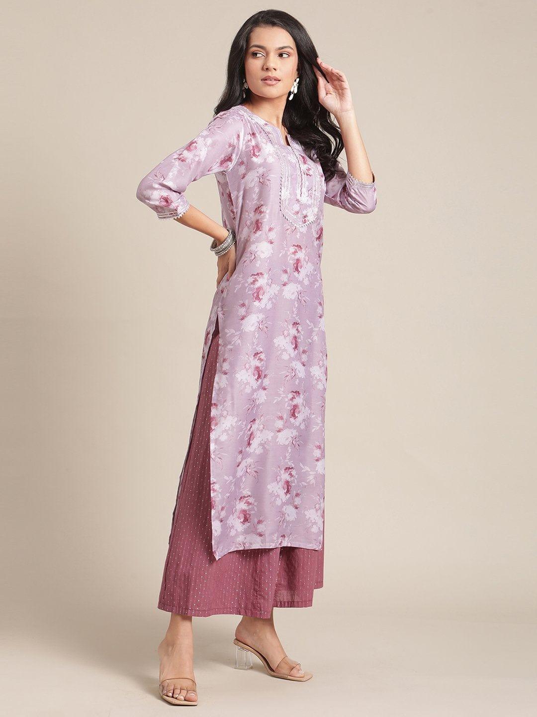 Mauve Floral Printed And Gota Embellished Yoke And Sleeves Kurta - Indiakreations