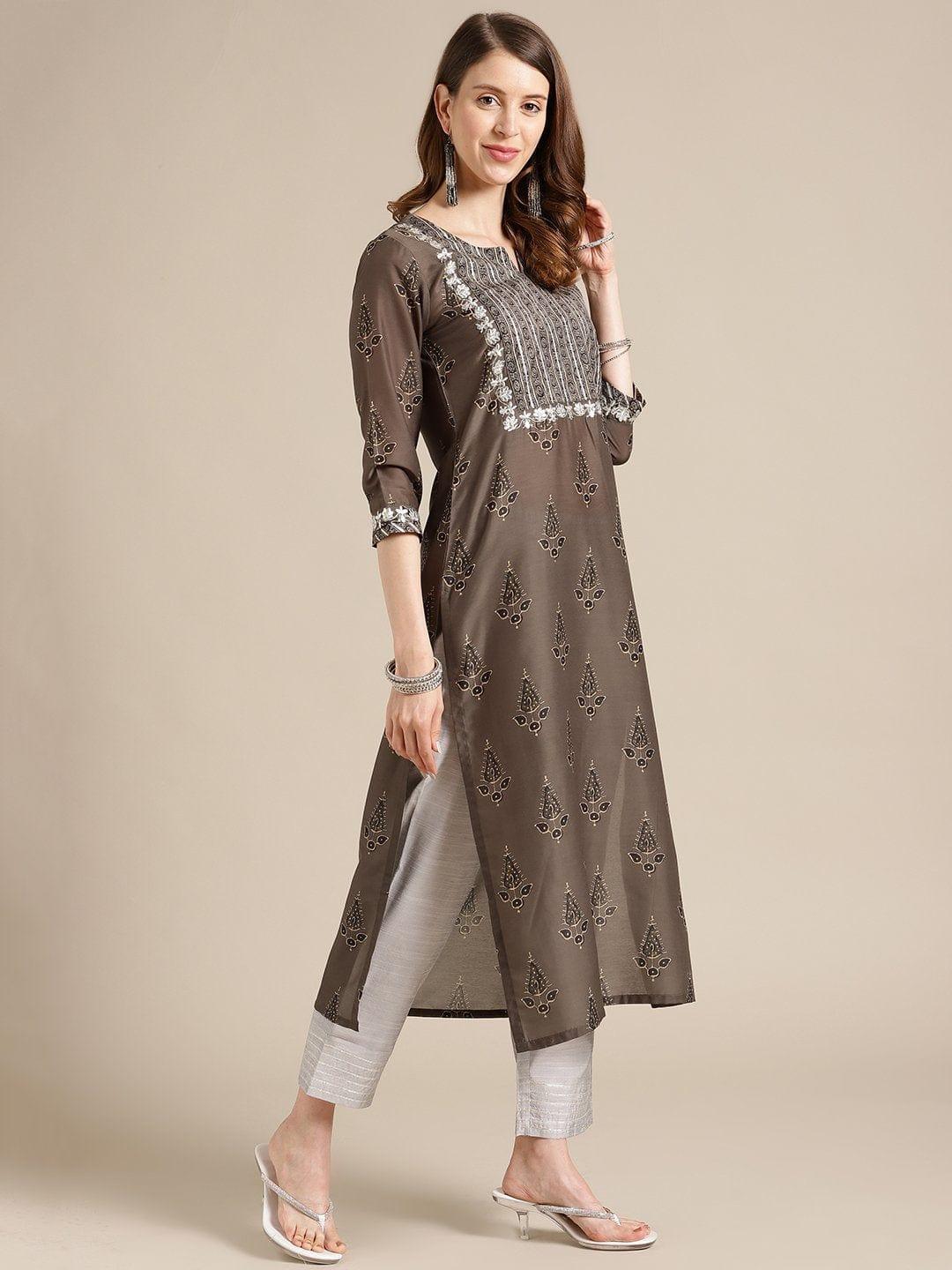 Olive Printed Kurta With Gota Embellishment On Yoke - Indiakreations