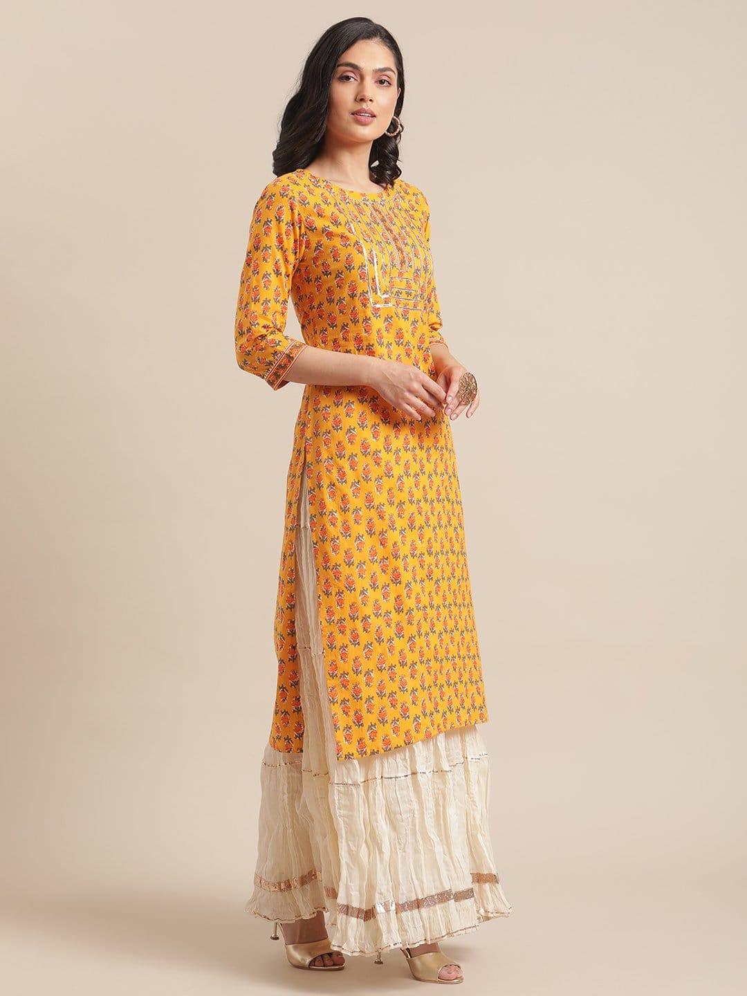 Mustard Floral Printed Kurta With Gota Work On Yoke And 3/4Th Sleeves - Indiakreations