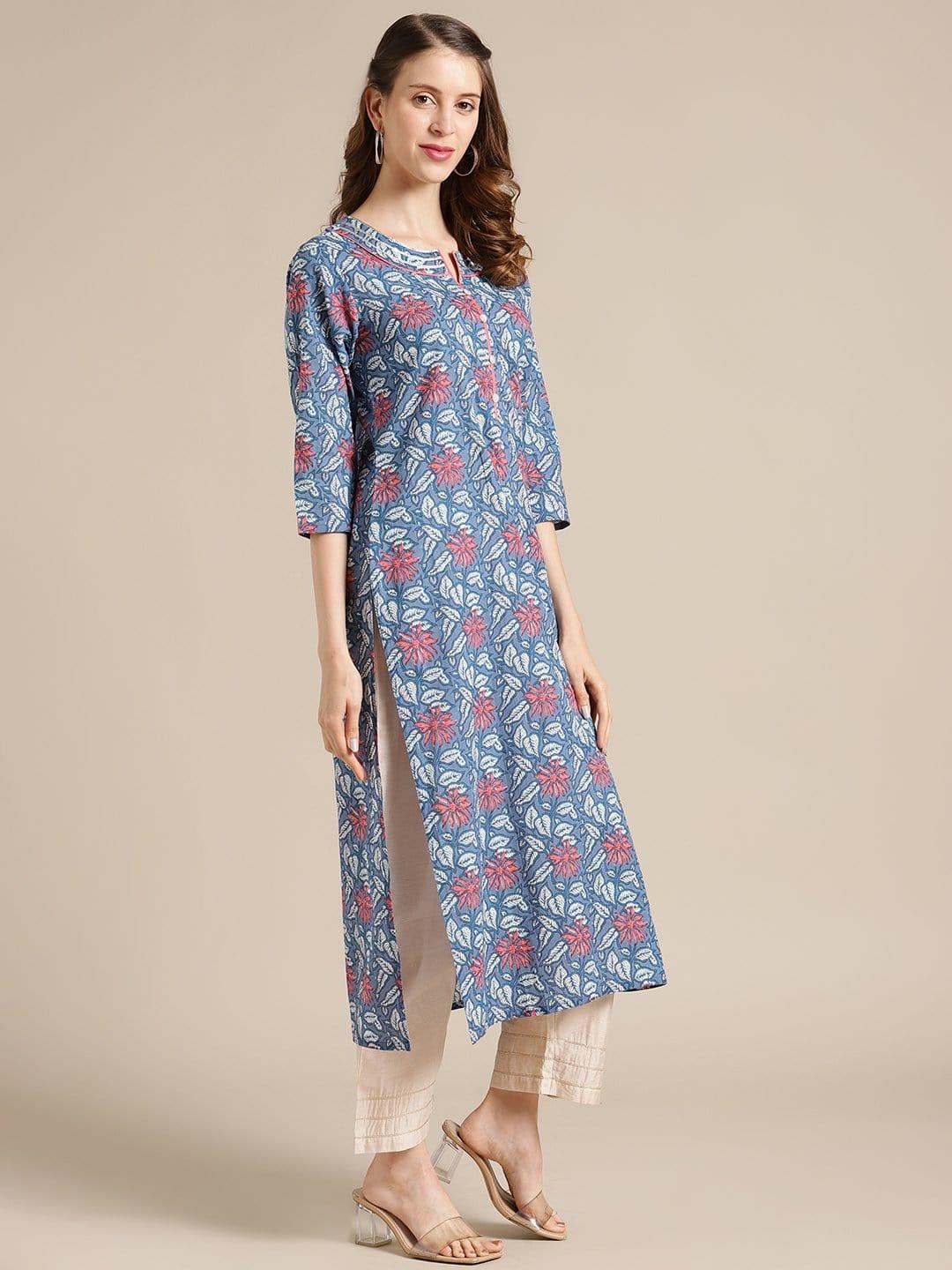 KSUT Blue And Pink Floral Printed Kurta With 3/4Th Sleeves - Indiakreations