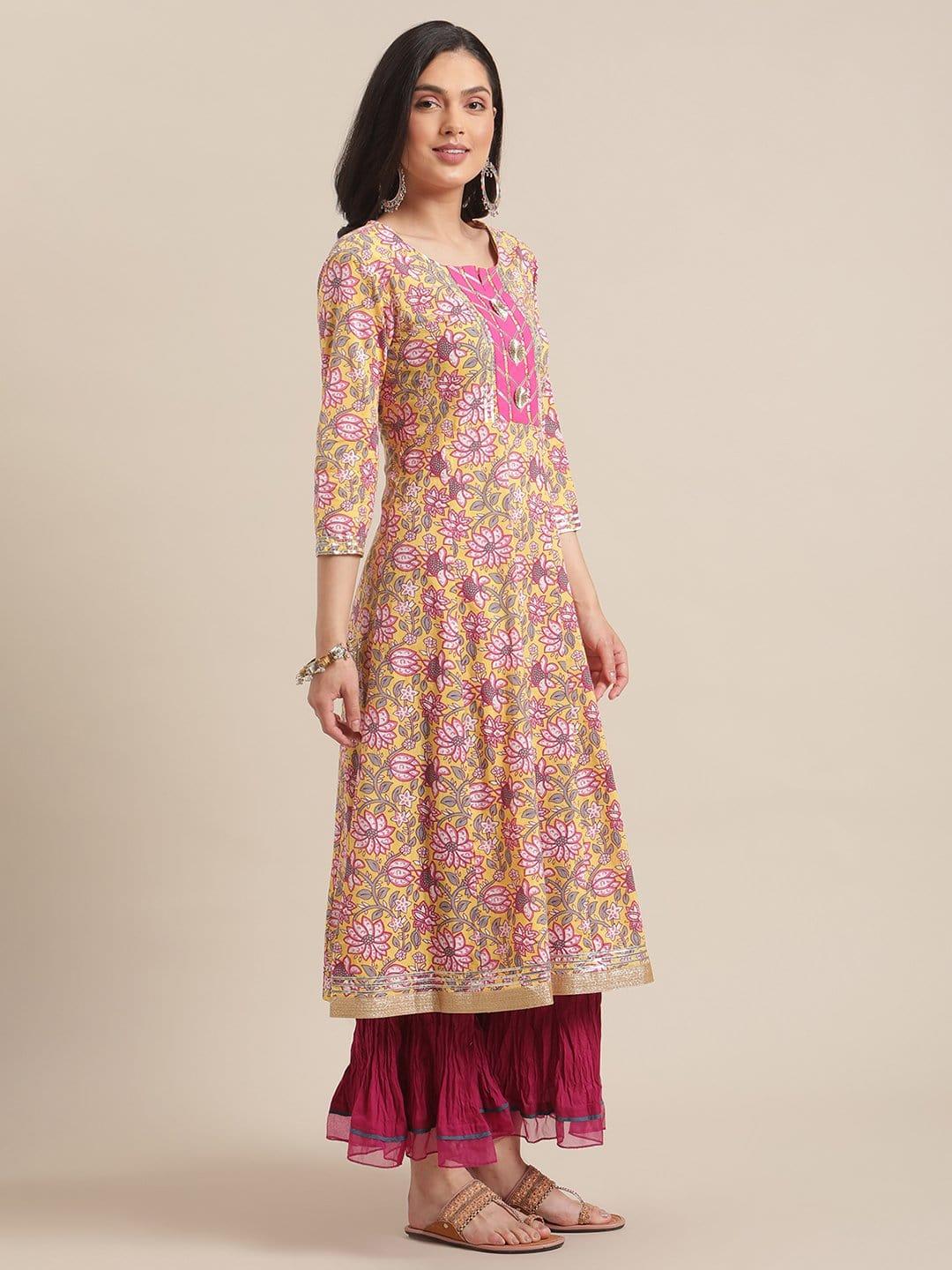 Yellow And Pink Floral Printed Flared Anarkali Kurta With Round Neck And Regular Sleeve - Indiakreations