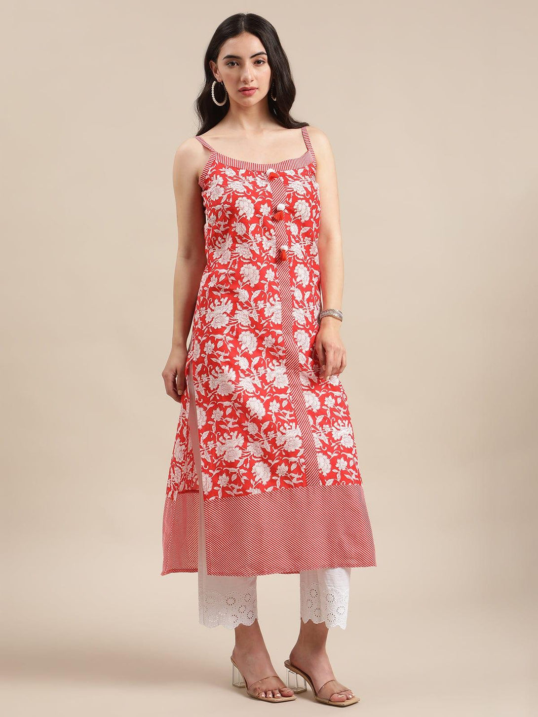 Orange And White Floral Printed Straight Kurta With Pom Pom Embellishment - Indiakreations