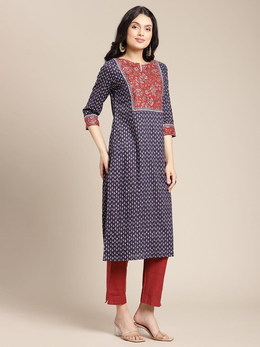 Blue Round Neck Kurta With Contrast Yoke Design And 3/4Th Sleeves - Indiakreations