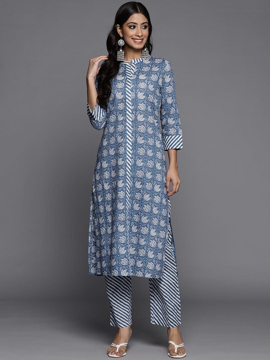 Varanga Women Blue Ethnic Motifs Printed Pure Cotton Kurta with Trousers - Indiakreations