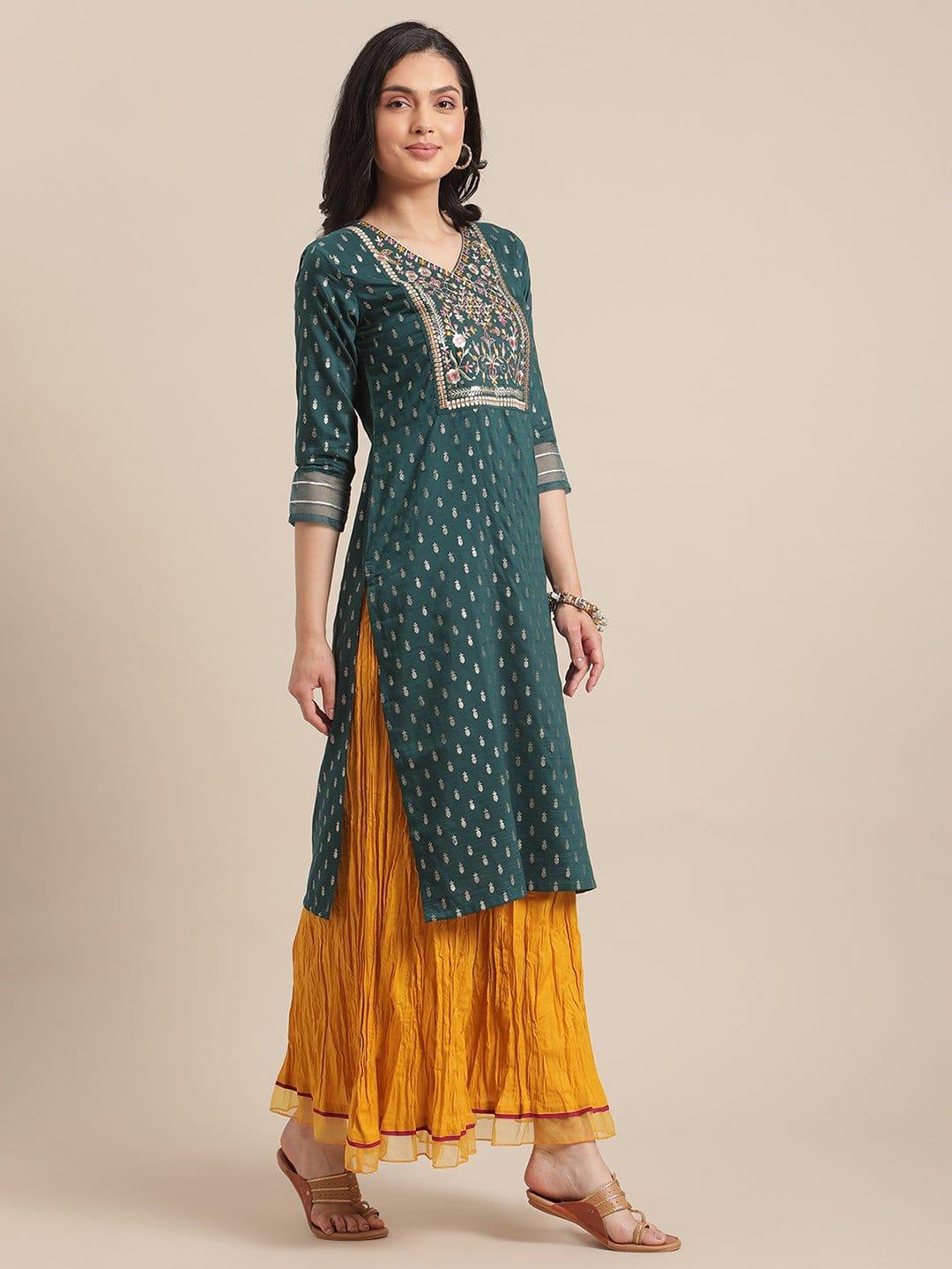 Teal And Gold Foil Printed And Floral Embroidery Kurta With Organza Gota Embellished Sleeves - Indiakreations