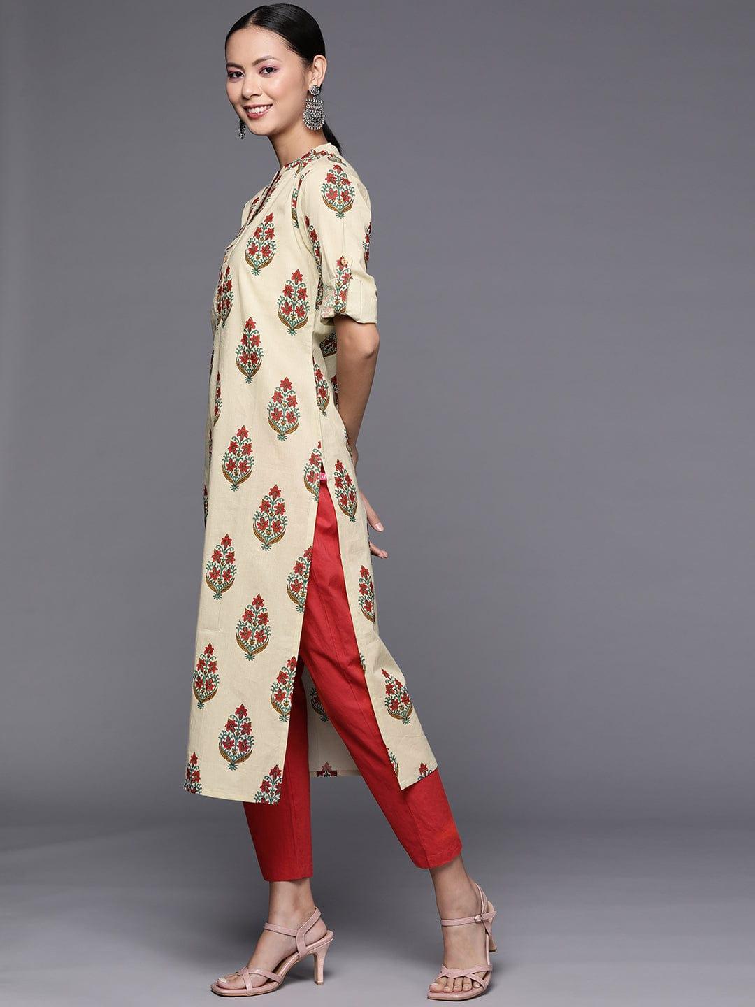 Varanga Women Beige & Red Ethnic Motifs Printed Pure Cotton Kurta - Indiakreations