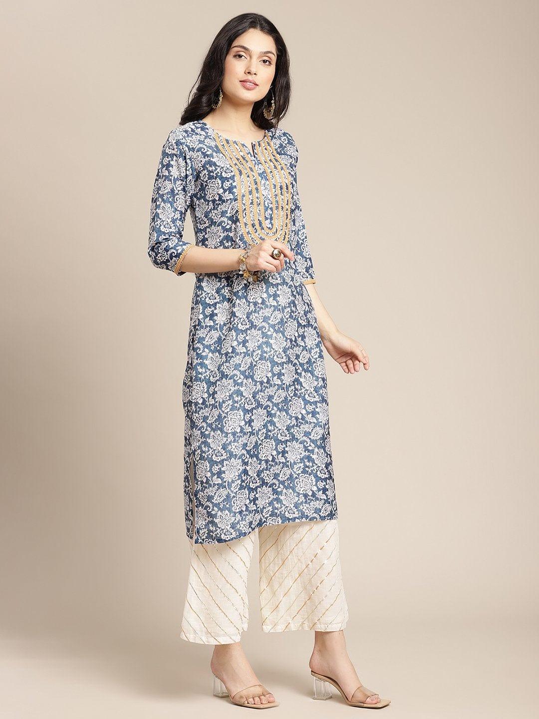 Blue And Off White Floral Printed Kurta With Lace Embellishment On Yoke - Indiakreations