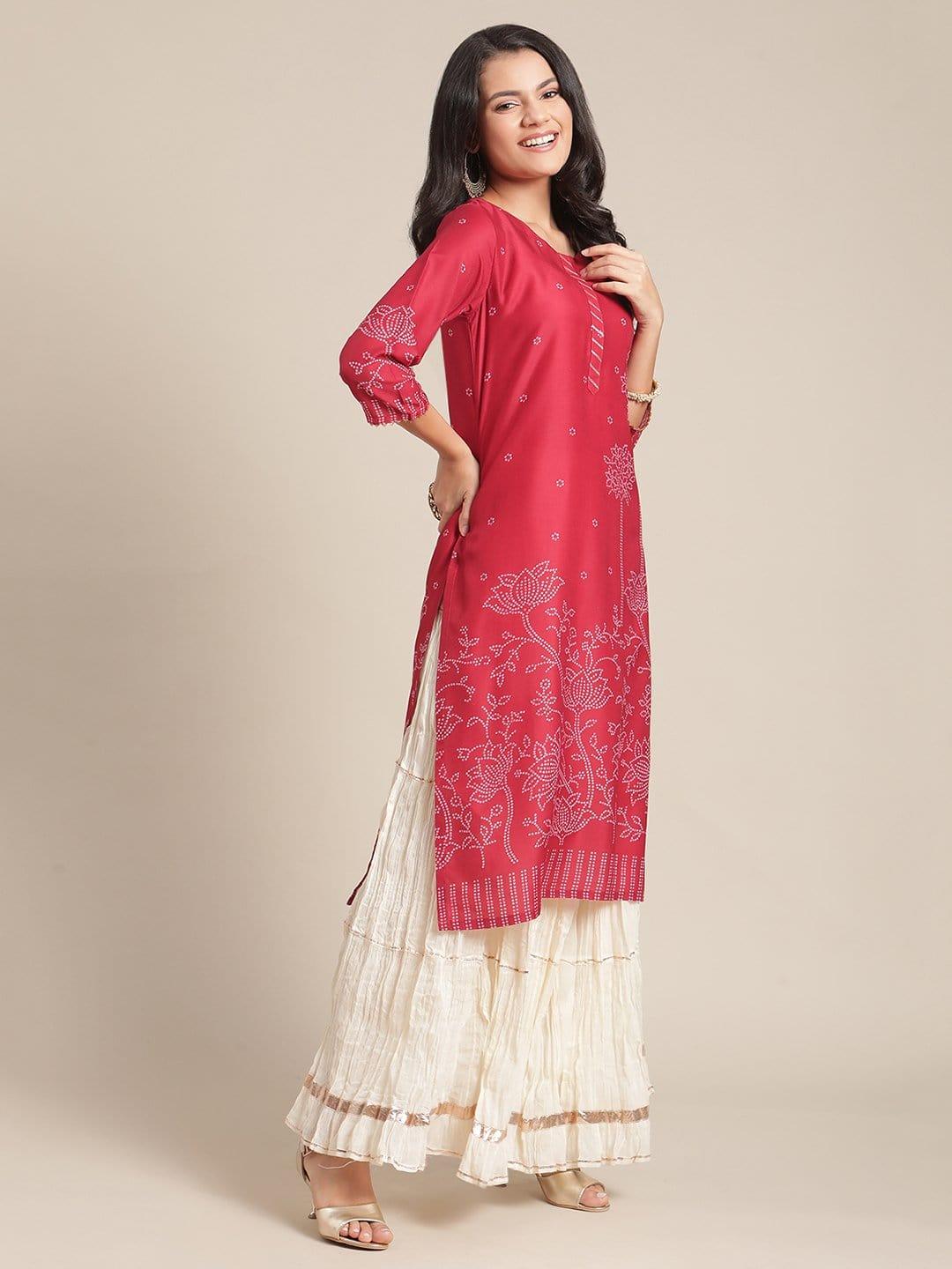 Silk Red Bandhani Printed Kurta With Gota Embellished Yoke And Sleeves - Indiakreations