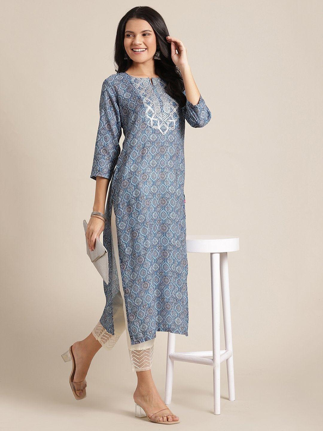 Blue Printed Kurta With Gota Embellishment On Yoke And 3/4Th Sleeves - Indiakreations