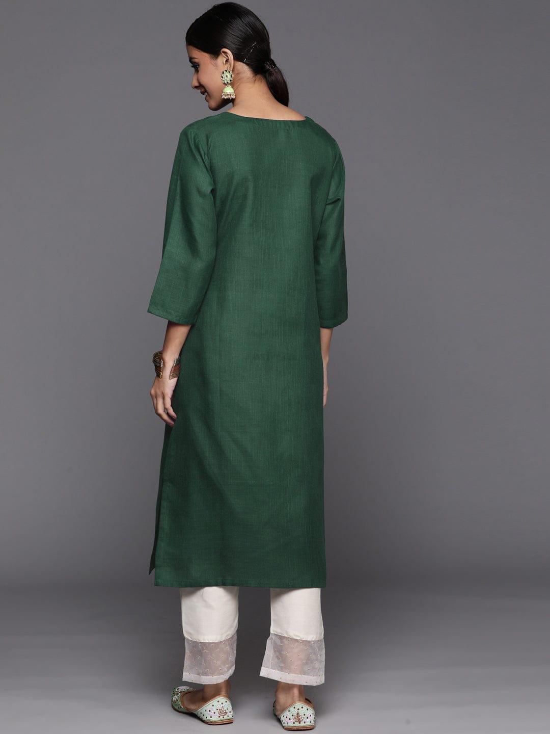 Varanga Women Green Floral Yoke Design Thread Work Floral Cotton Kurta - Indiakreations