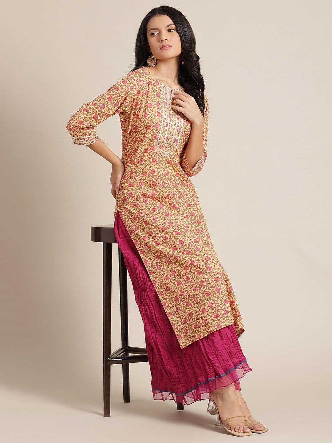 Yellow And Pink Floral Printed Straight Kurta With Round Neck And Gota Work - Indiakreations