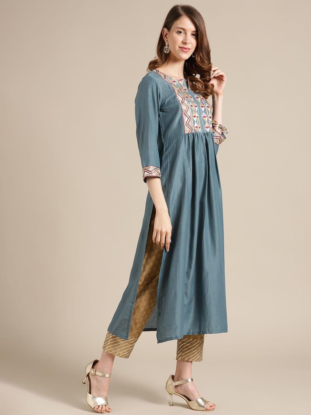 Teal Flared Round Neck Kurta With Embroidery And Gotta Patti - Indiakreations