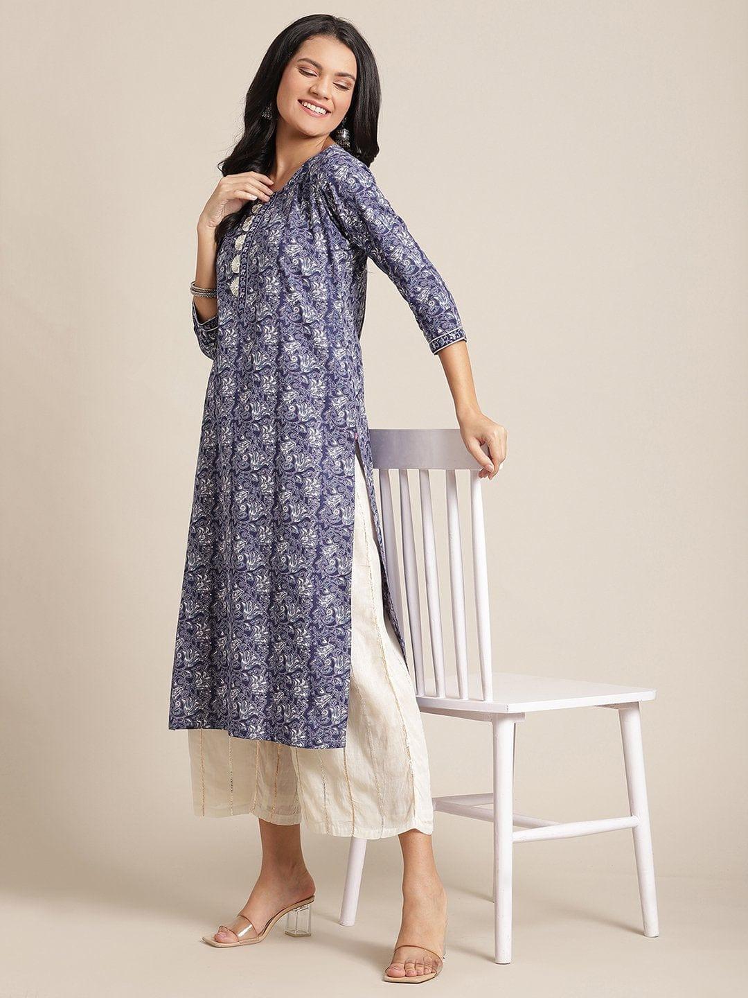 Floral Blue And White Printed Kurta With Gota Fan Work On Yoke And Gota Work On Sleeves - Indiakreations