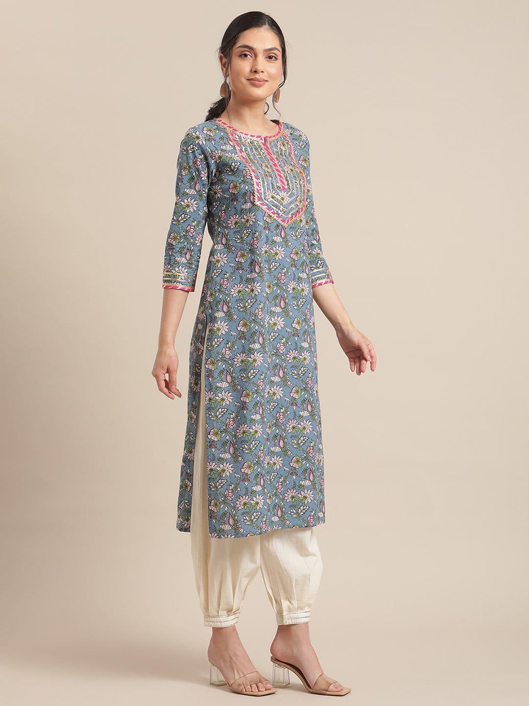 Blue And Green Floral Printed Gota Work Straight Kurta With 3/4Th Sleeves - Indiakreations