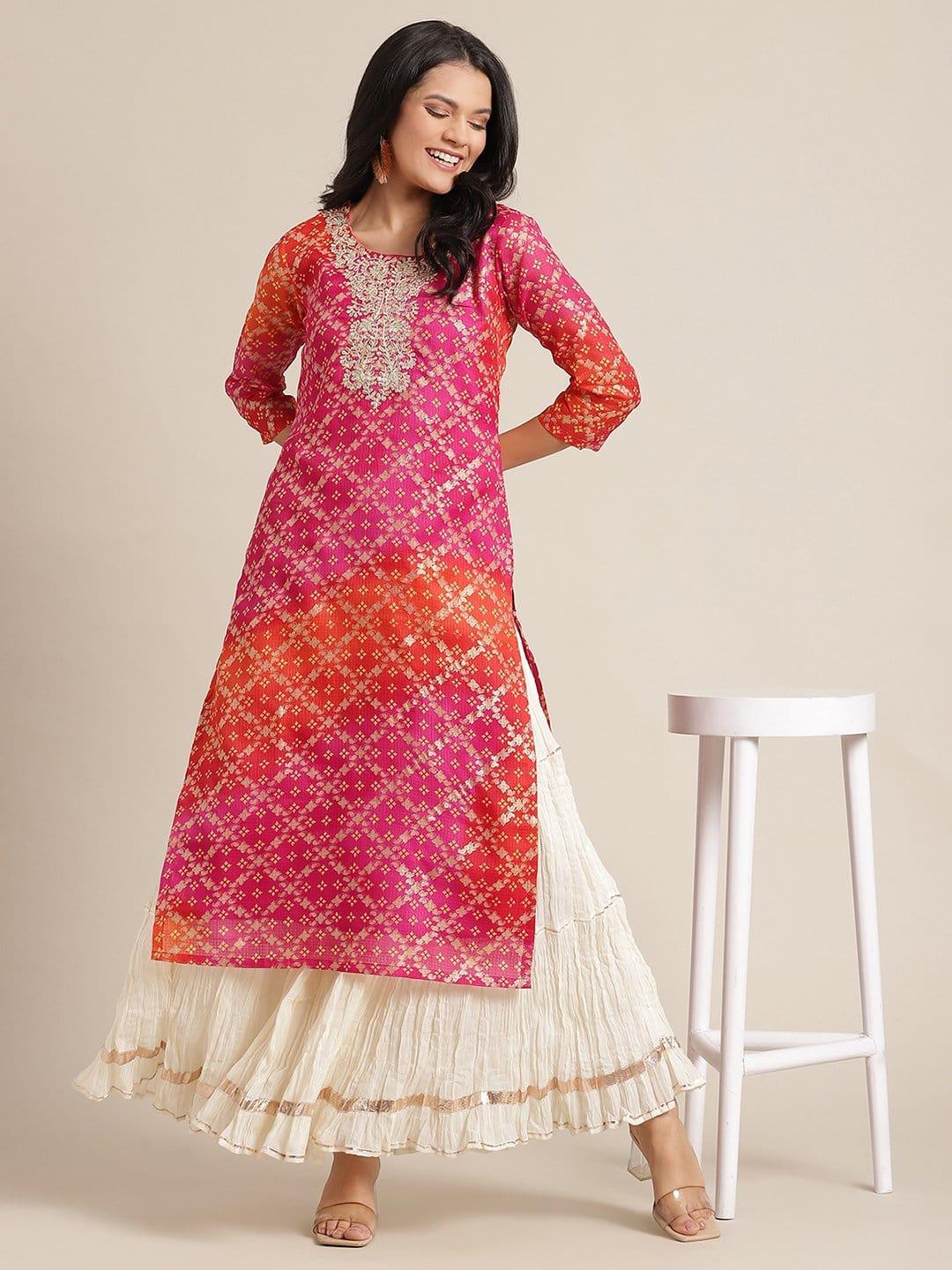 KSUT Pink Bandhej Foil Printed Kurta With Dori And Zari Embroidery On Yoke - Indiakreations