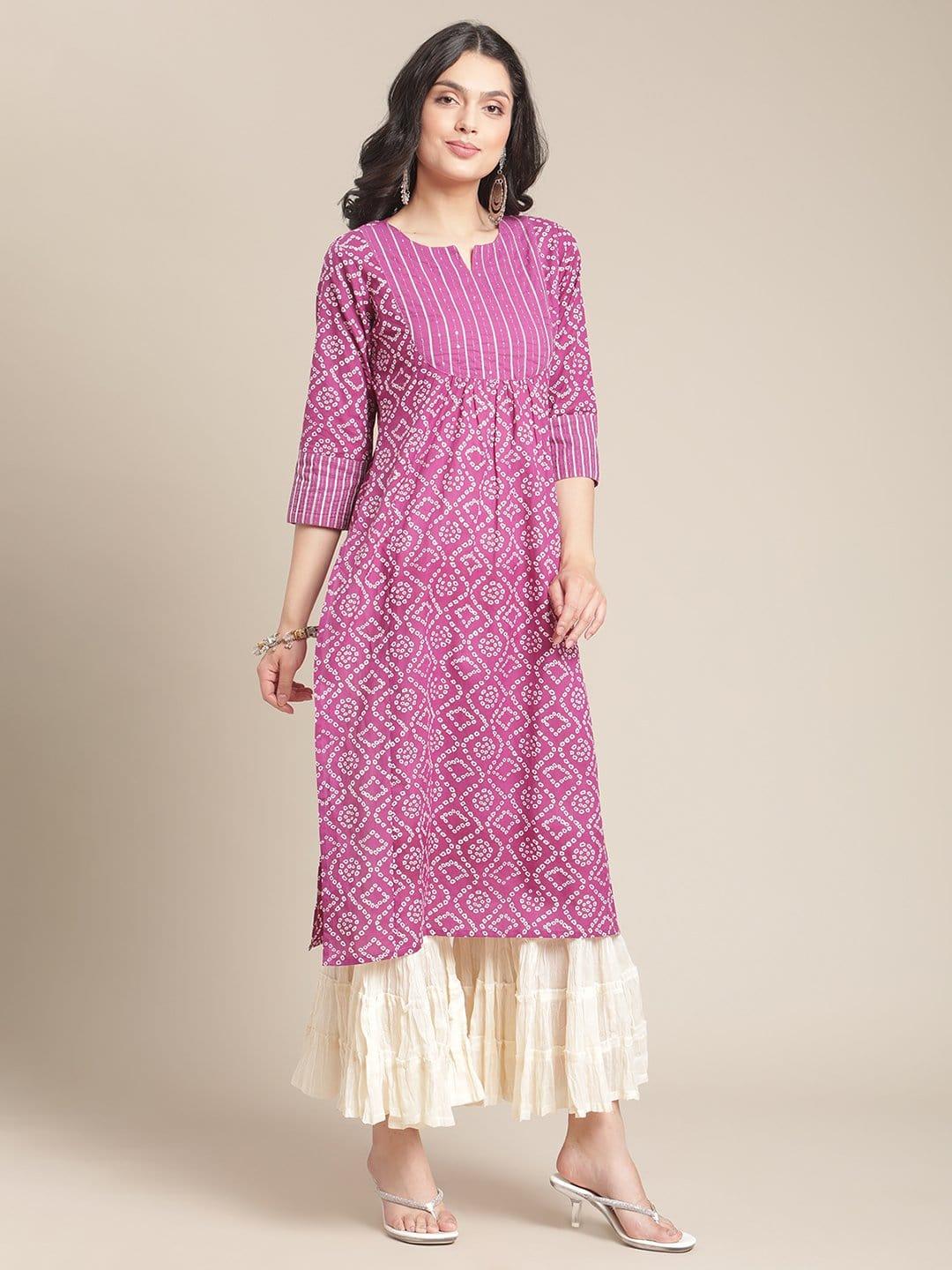 Mauve And Off White Bandhej Printed Kurta With Sequins And Gota Work Embellishment On Yoke - Indiakreations