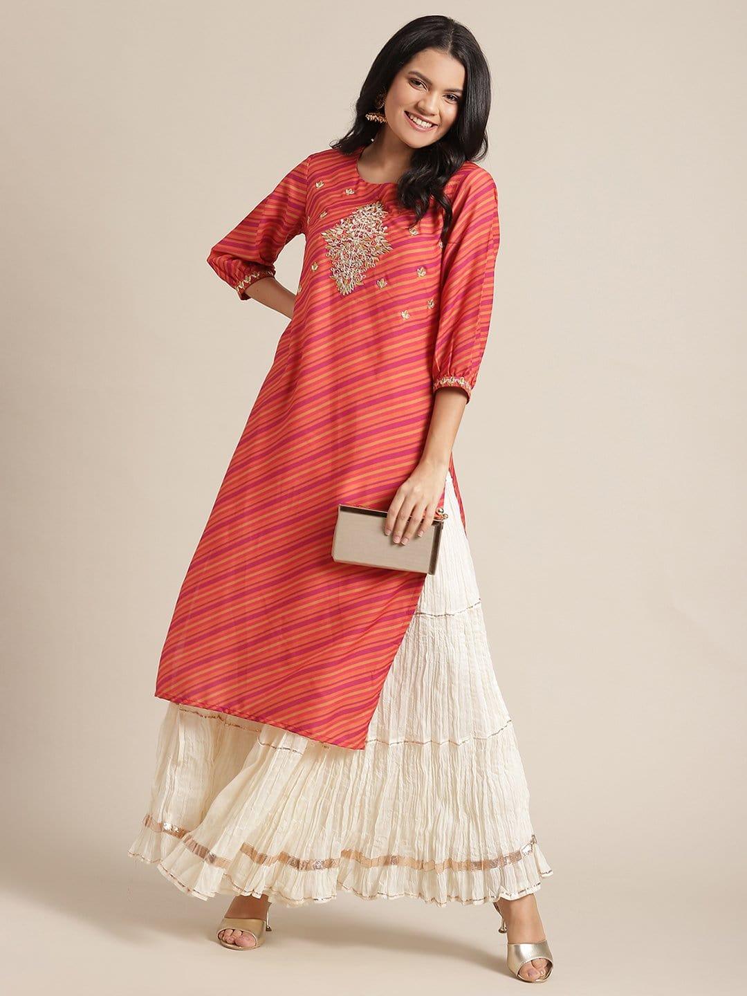 KSUT Ksut Orange Leheriya Kurta With Gota Patti,Zari And Silk Threads Embroidery On Yoke - Indiakreations