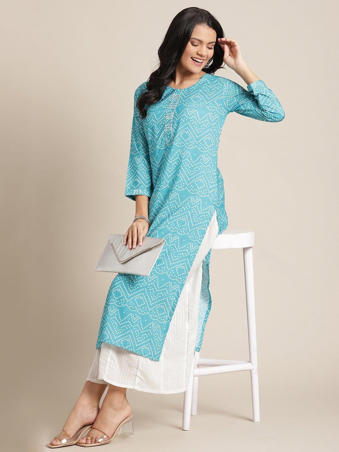 Turquoise Blue Bandhani Printed Kurta With Gota Embellished Yoke And Sleeves - Indiakreations