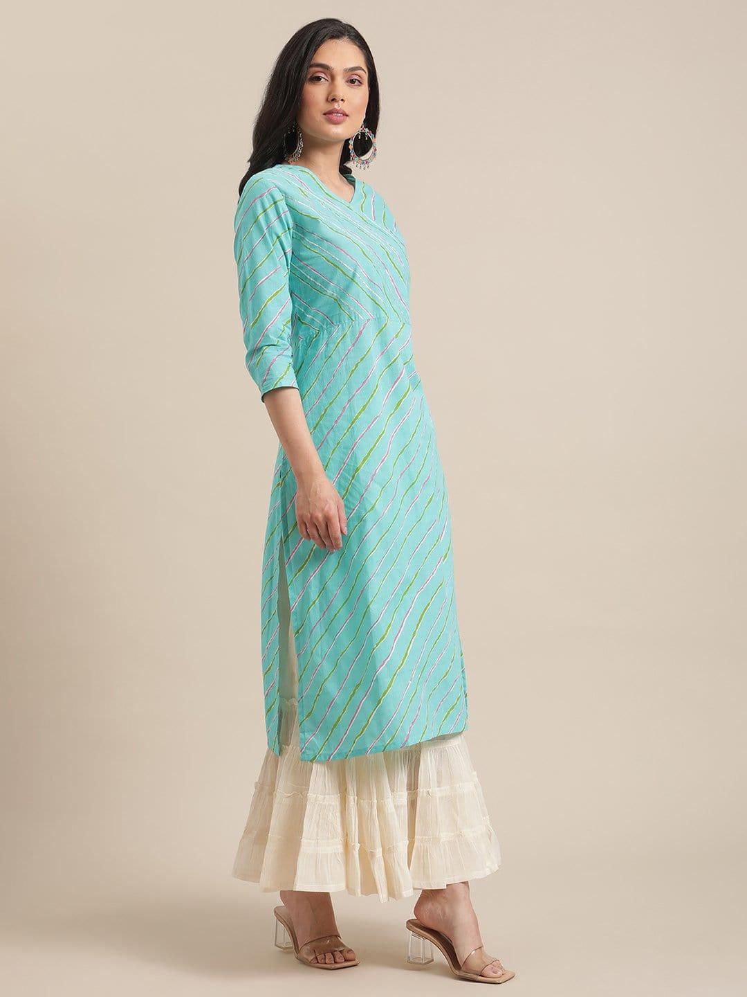 Turquoise And Pink Leheriya Printed Kurta With Gota Embellished Yoke - Indiakreations