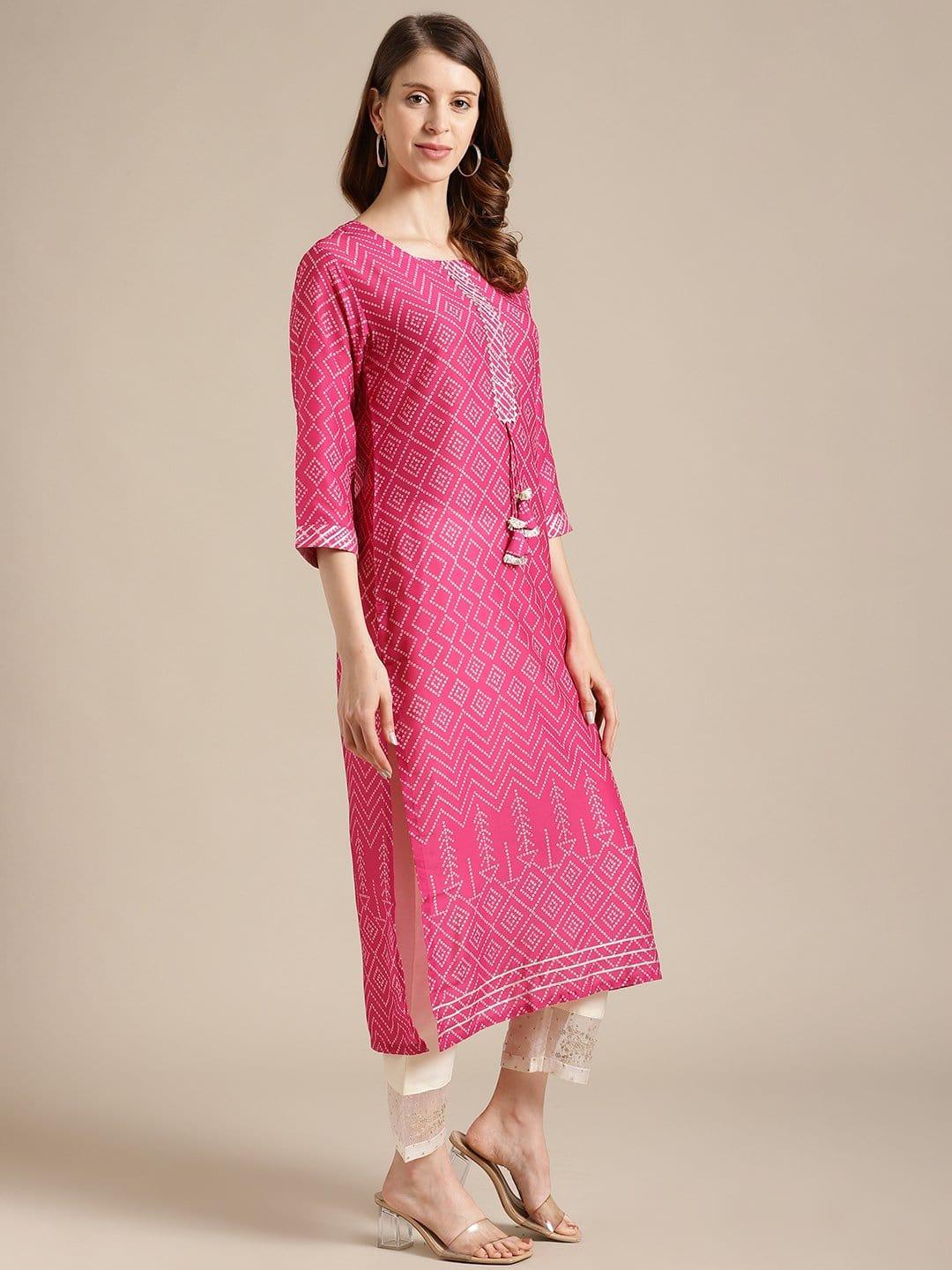 Bandhej Printed Kurta With Gota Embellishment On Yoke - Indiakreations